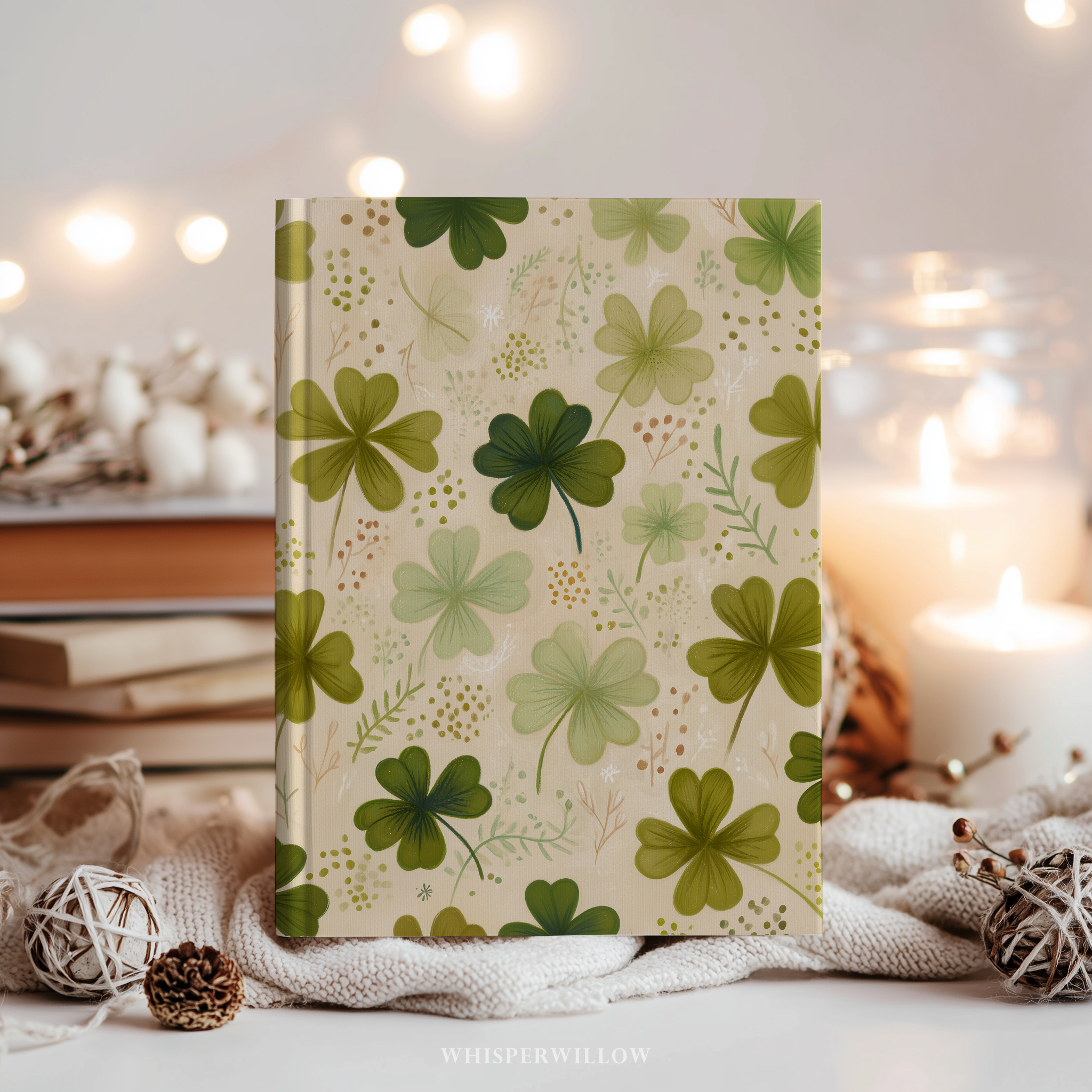 St Patrick Shamrock Hardcover Journal, Floral Clover Premium Notebook, Green Botanical Design, 8x5.75 Lined Pages Gift