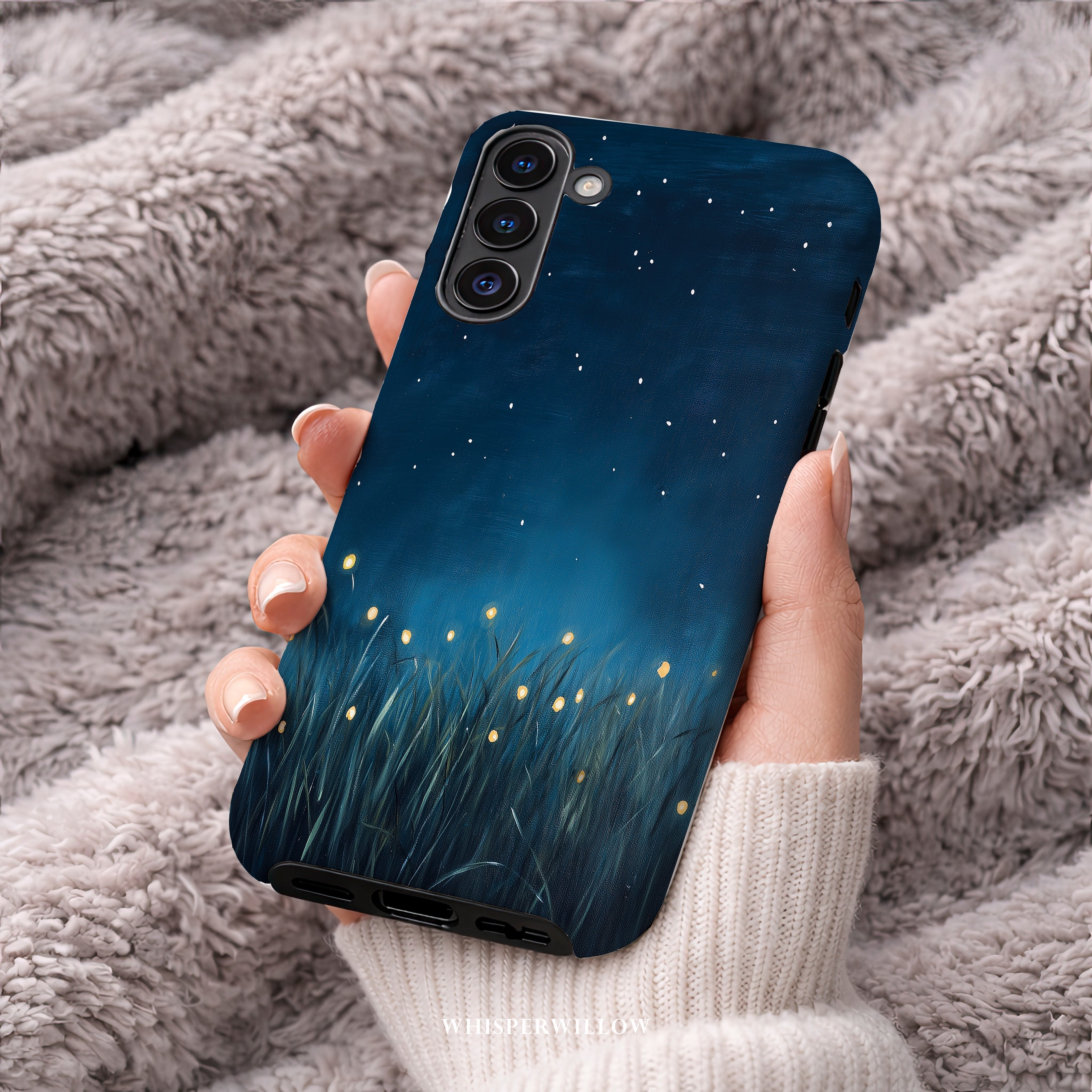 Firefly Night Sky Phone Case | Compatible with Samsung | Dual Layer Protective Cover | Dark Blue Nature Stars Lightning Bugs