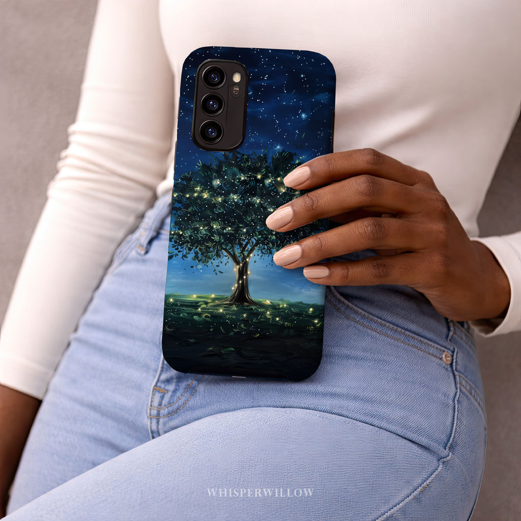 Mystical Tree Phone Case | Night Sky Art | Compatible with Samsung | Glowing Fireflies, Dreamy Stars, Nature