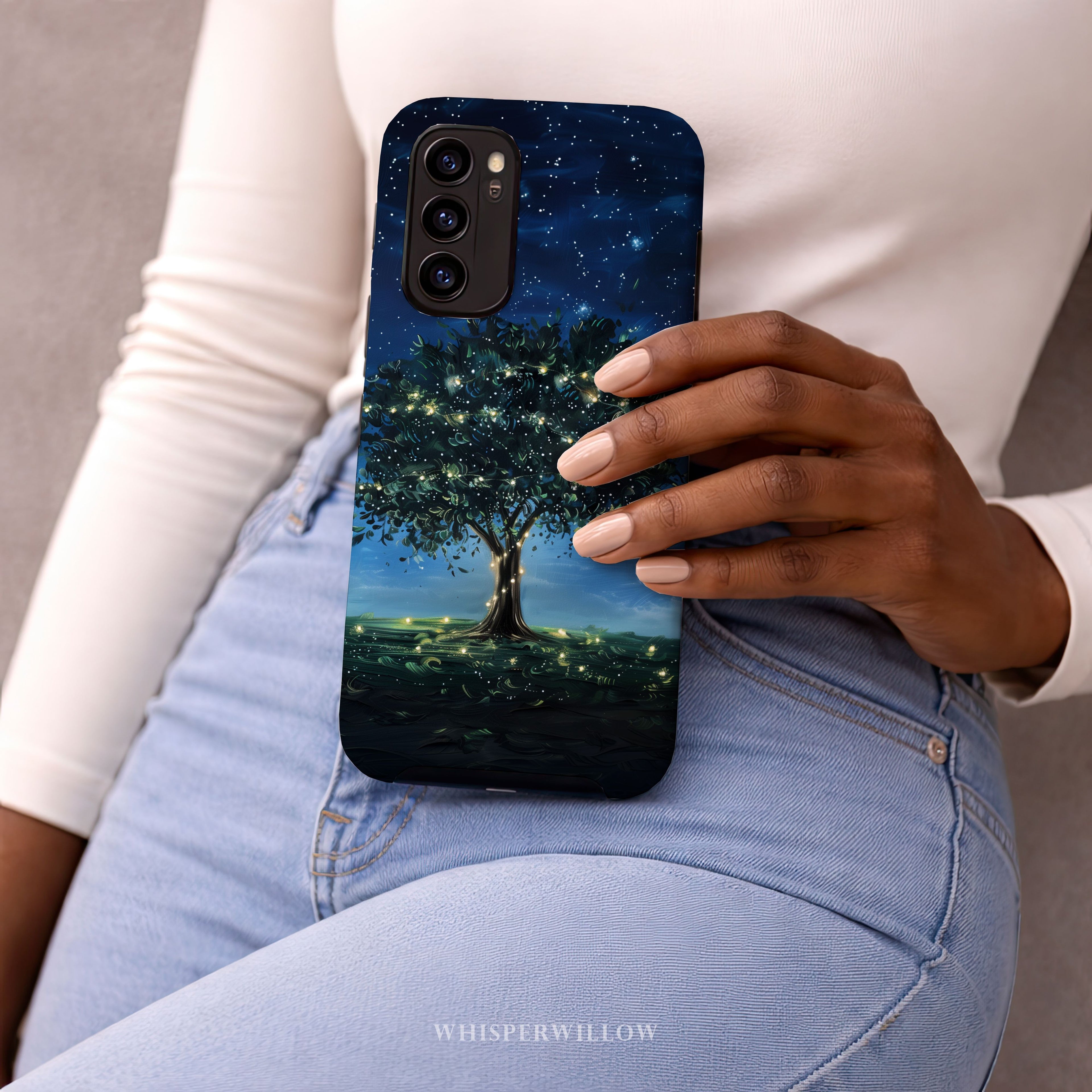 Mystical Tree Phone Case | Night Sky Art | Compatible with Samsung | Glowing Fireflies, Dreamy Stars, Nature
