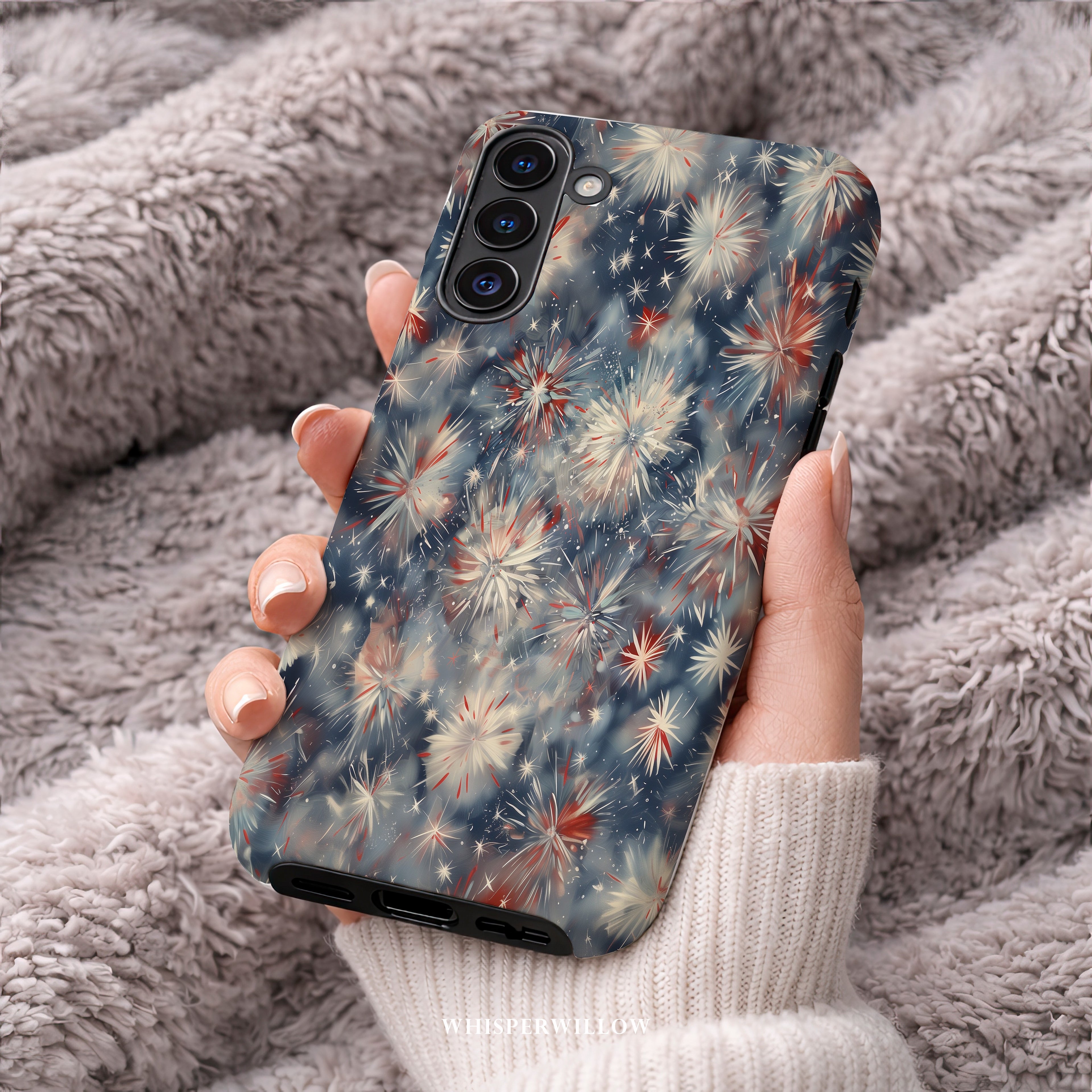 Abstract Fireworks Phone Case | Compatible with Samsung | Patriotic Red White Blue Starburst Cover