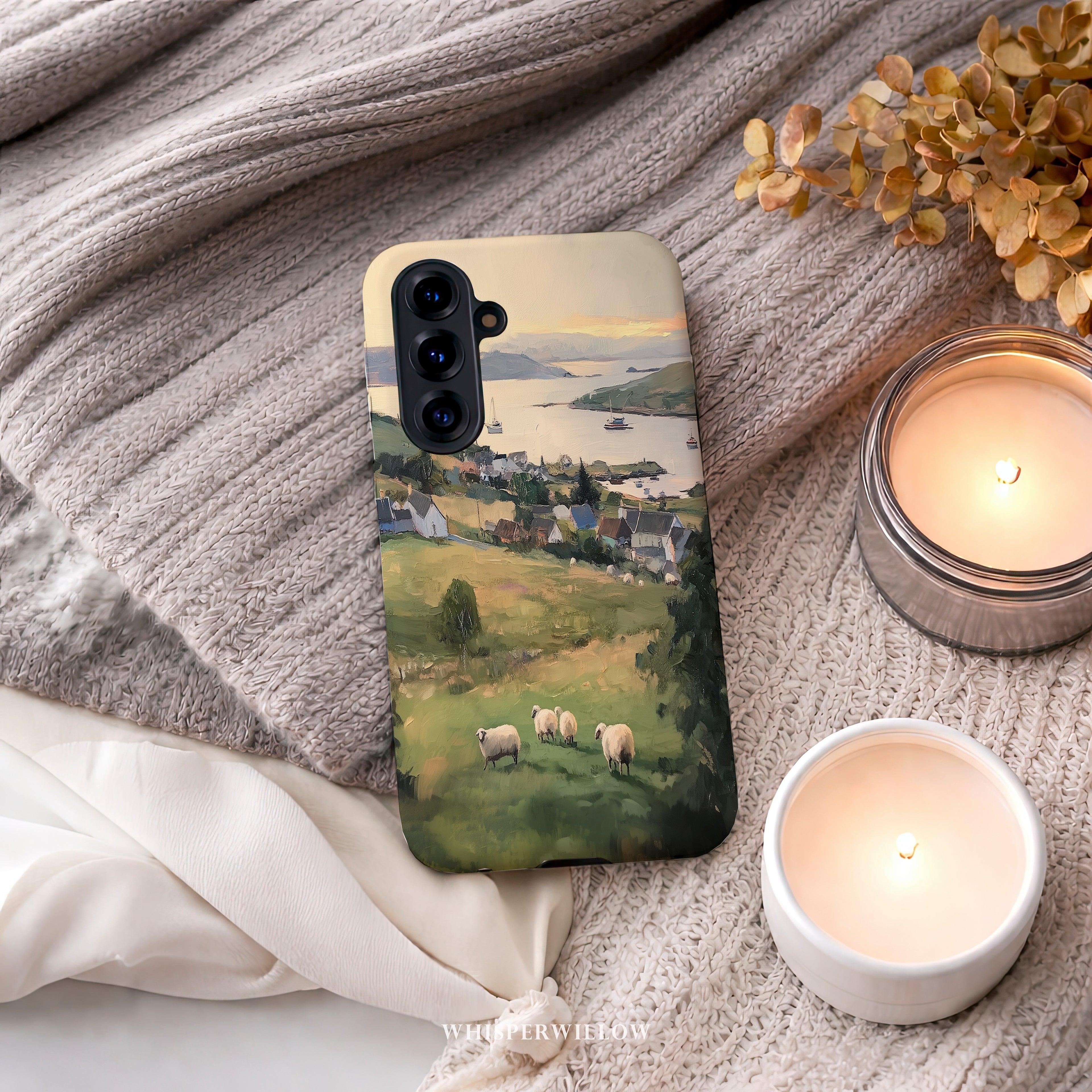 Coastal Sheep Meadow Phone Case | Samsung Compatible | Irish Harbor Village Scenic Cover