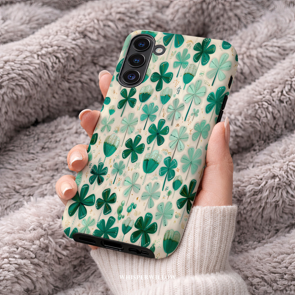 Teal Shamrock Dual Layer Phone Case | Samsung Compatible | Lucky Four Leaf Clover Cover
