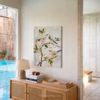 Leinwandbild „Pastellfarbene Singvögel“ – Neutrale botanische Zweige, Frühlingshaus, Natur-Tier-Vogel-Dekoration