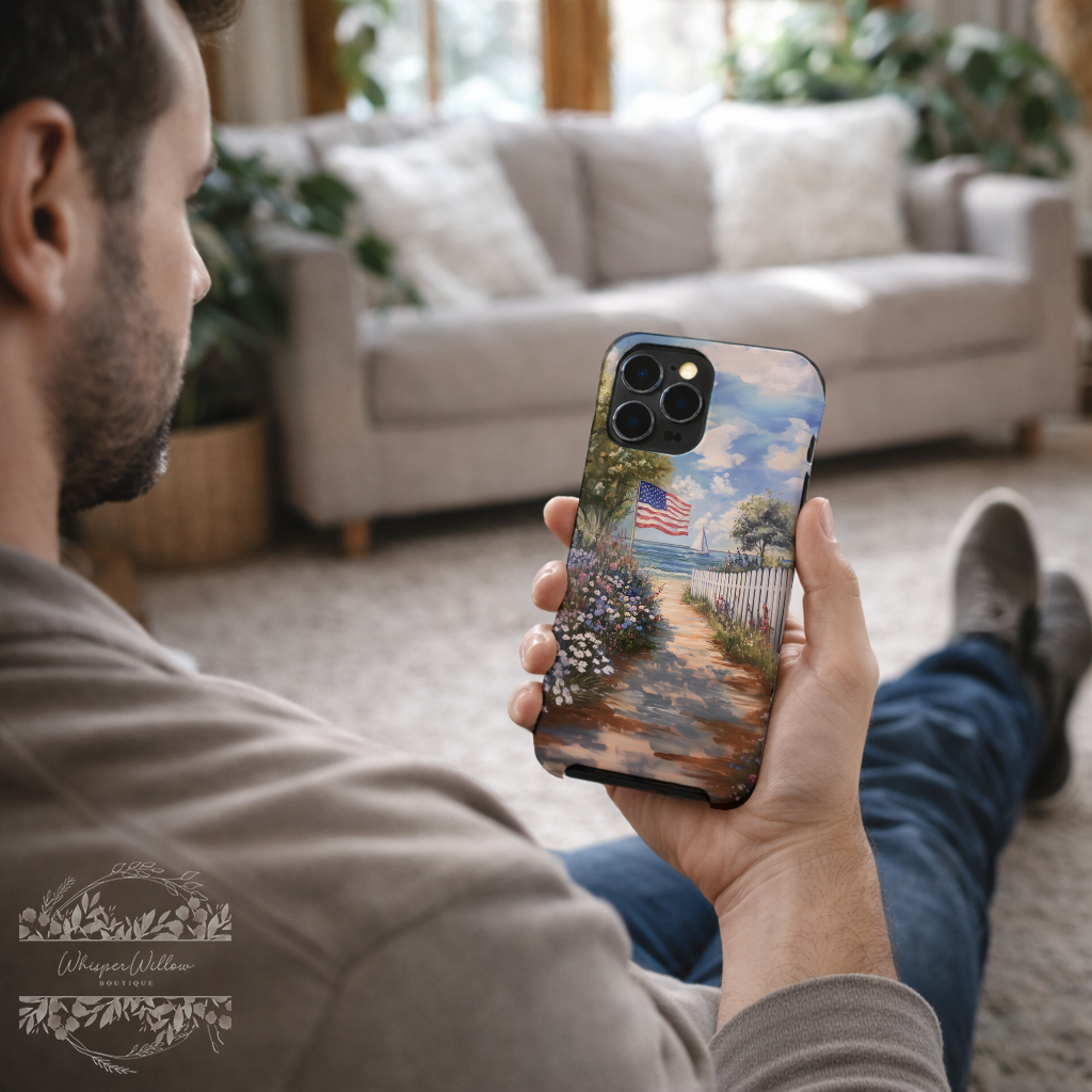 Coastal Art Phone Case | Compatible with iPhone Models | USA Flag Beach Sailboat Ocean Colorful Aesthetic
