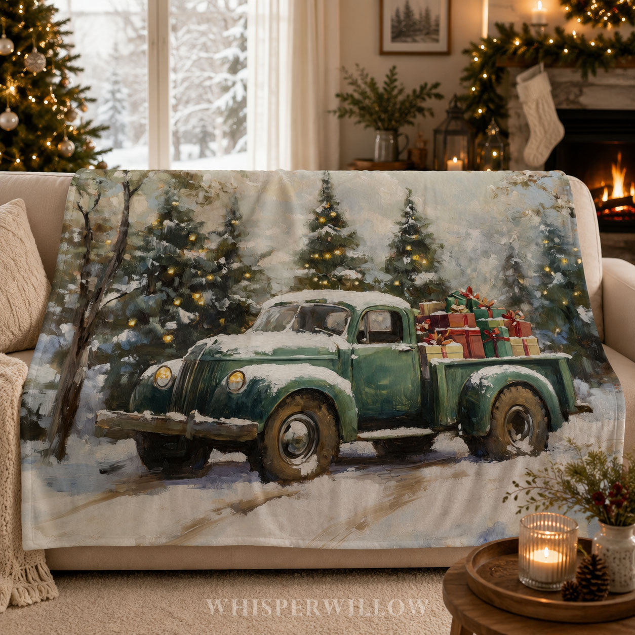 Vintage Christmas Truck Plush Throw Blanket - Snowy Forest Gift