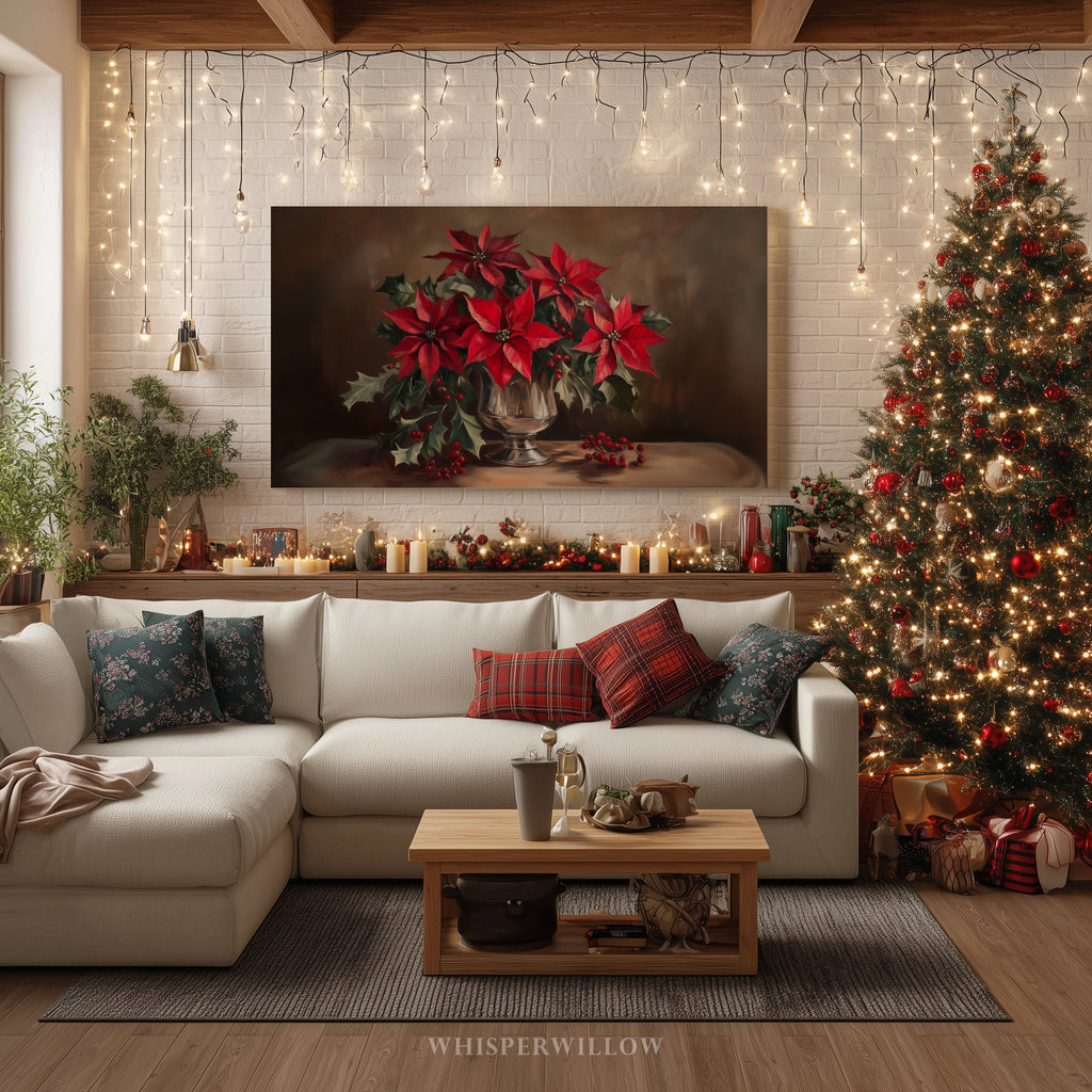 Weihnachtliches Leinwandbild | Roter Weihnachtsstern in silberner Vase | Botanische Winterdeko – Geschenkidee für Zuhause