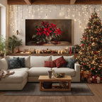 Weihnachtliches Leinwandbild | Roter Weihnachtsstern in silberner Vase | Botanische Winterdeko – Geschenkidee für Zuhause