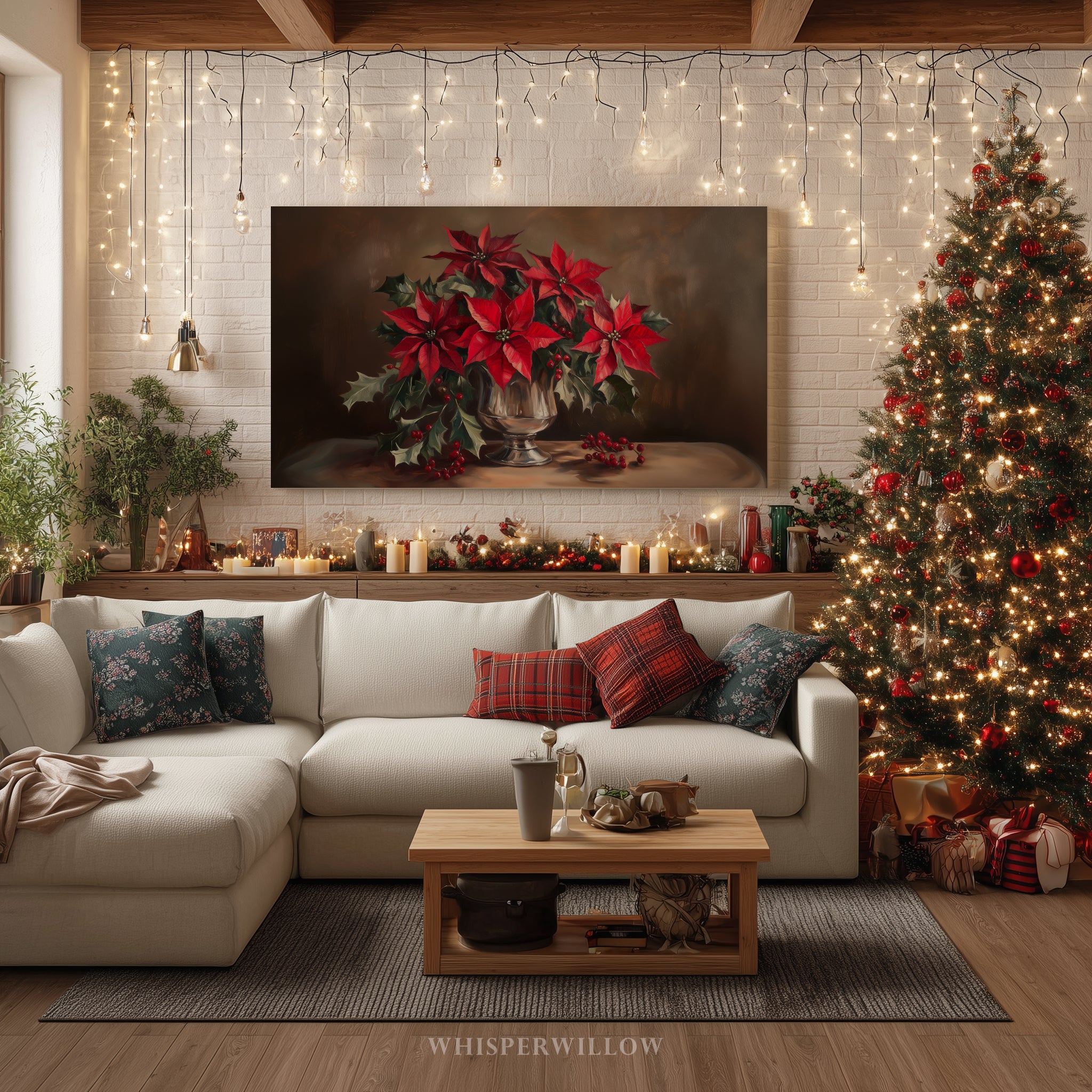 Weihnachtliches Leinwandbild | Roter Weihnachtsstern in silberner Vase | Botanische Winterdeko – Geschenkidee für Zuhause