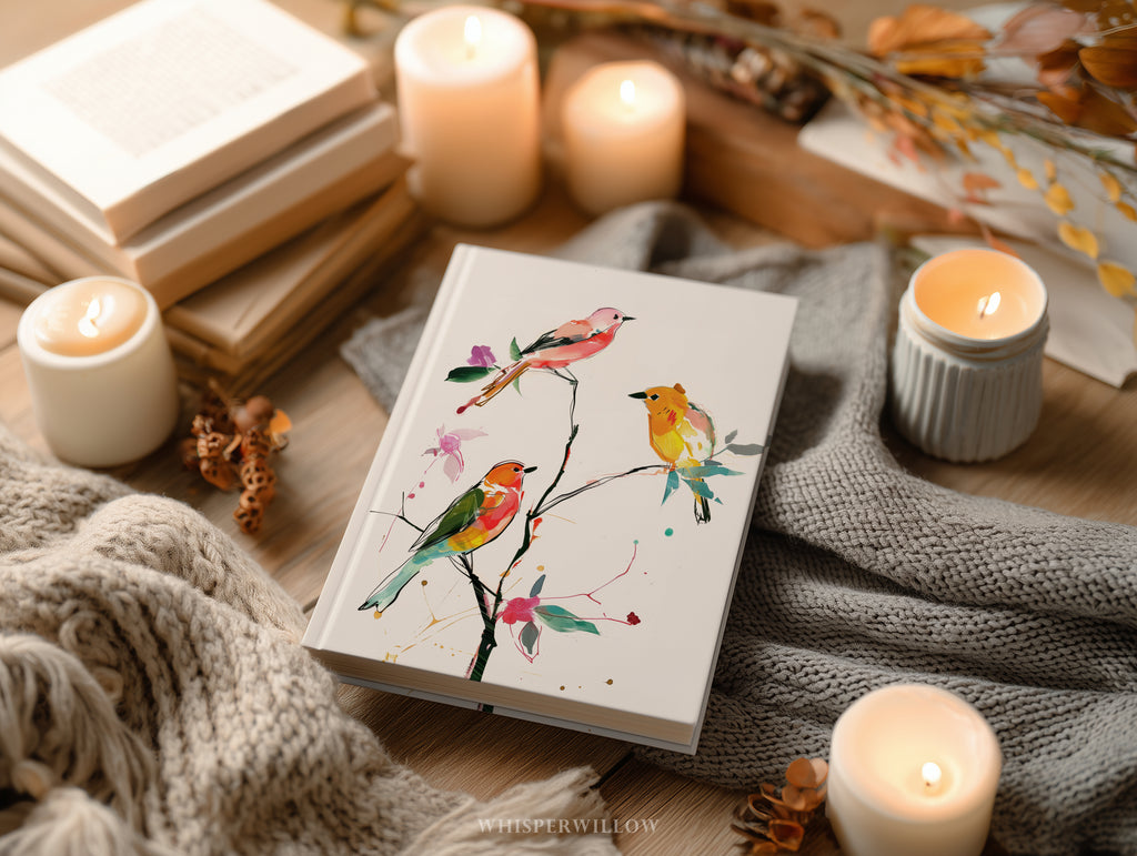 Buntes Notizbuch mit Singvögeln (Hardcover) – Botanischer Zweig, Vogelmotiv, Geschenkidee