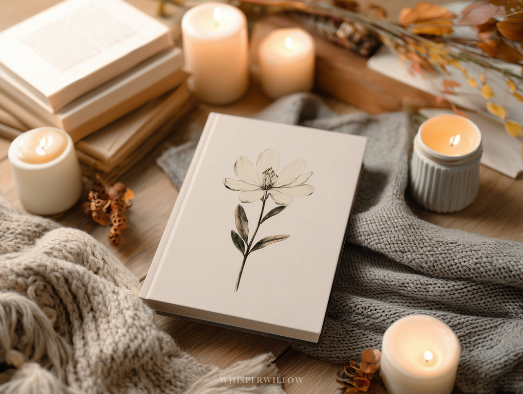 Elegantes Magnolien-Notizbuch mit Hardcover – Weiße Blütenblüte, schlichte, minimalistische Skizze, botanisches Geschenk