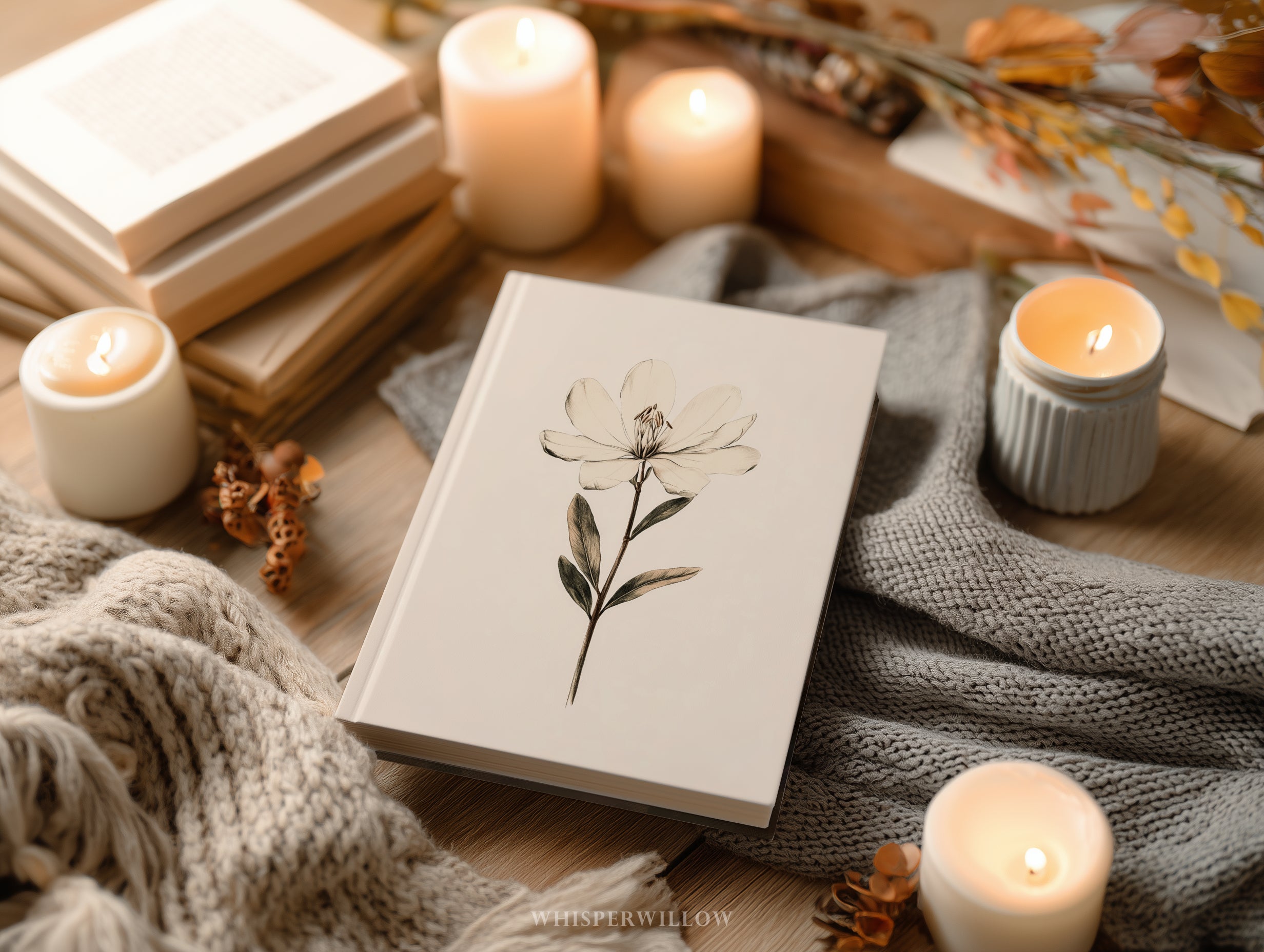 Elegantes Magnolien-Notizbuch mit Hardcover – Weiße Blütenblüte, schlichte, minimalistische Skizze, botanisches Geschenk