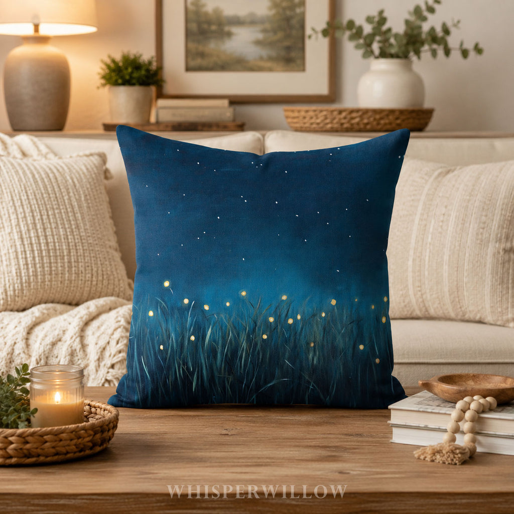 Firefly Meadow Throw Pillow Starry Night Sky Celestial Nature Decor Cottagecore Accent Cushion Glowing Lights Landscape Gift Cozy