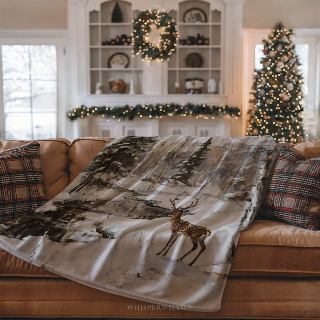Winter Deer Forest Throw Blanket - Snowy Woodland Stream Gift
