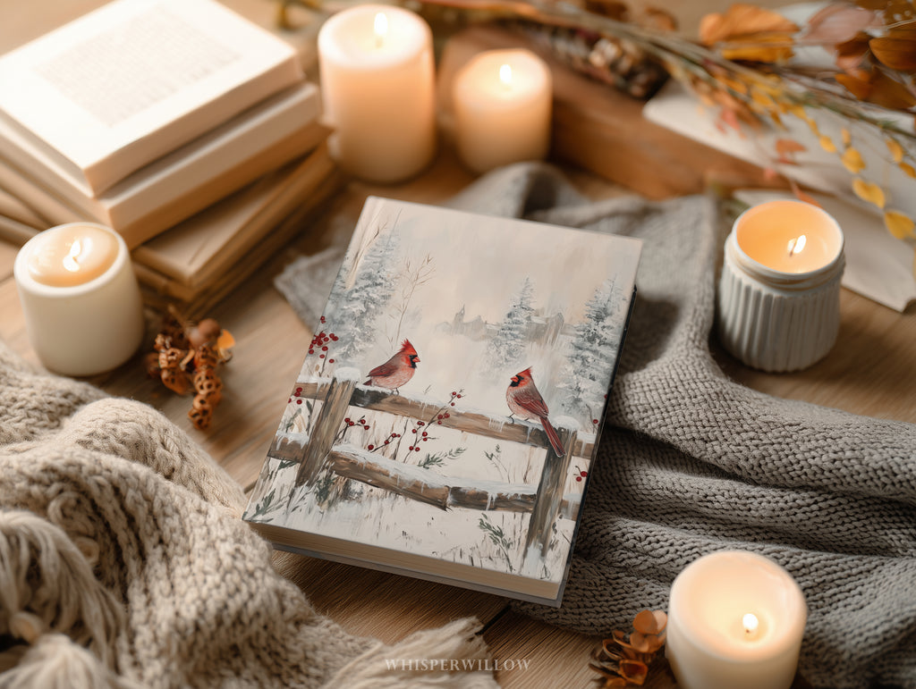 Winterkardinale Hardcover-Notizbuch – Verschneite Zaunmotive, Weihnachtsmotiv, Geschenkidee mit roten Vögeln
