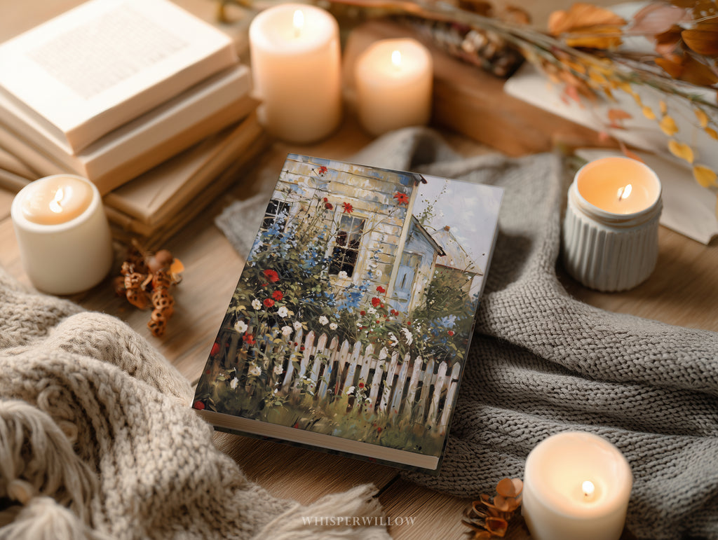 Notizbuch mit Hardcover „Cottage Garden“ – Wildblumen, weißer Zaun, rustikales florales Notizbuch als Geschenkidee