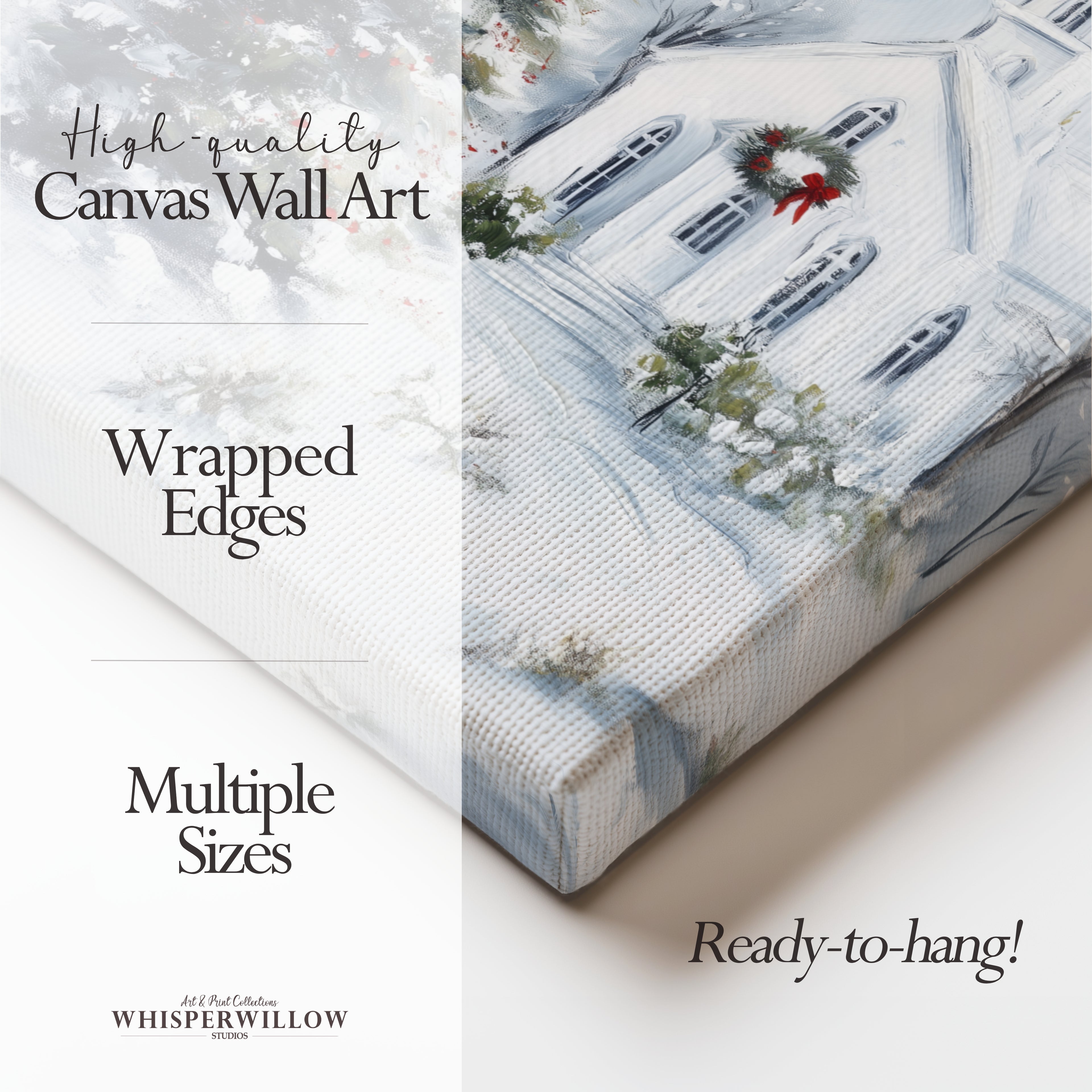 Weihnachtliches Leinwandbild | Winterliche Kirchenszene mit Schneebedeckt | Christliches Deko-Geschenk für Zuhause