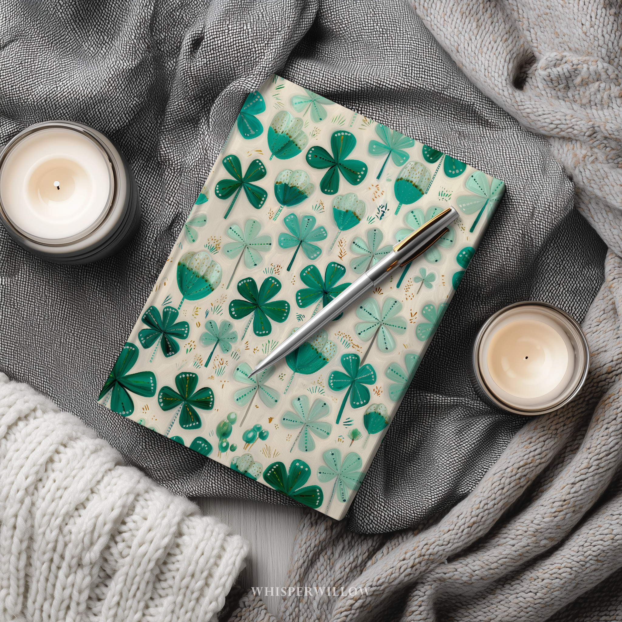 St Patrick Shamrock Hardcover Journal, Lucky Irish Botanical Clover Design, Green Teal Folk Art Notebook, 8x5.75 Lined Pages Gift