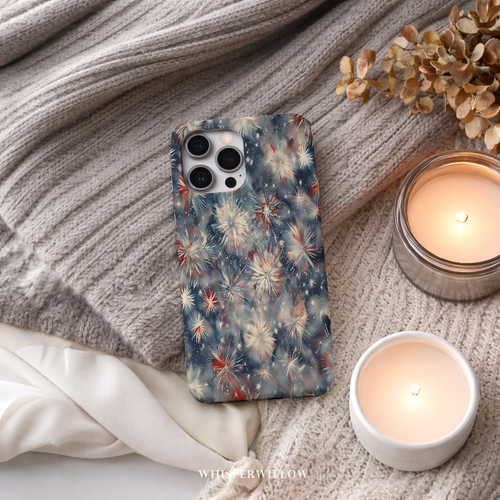 Abstract Fireworks Phone Case | Compatible with iPhone | Patriotic Red White Blue Starburst Cover