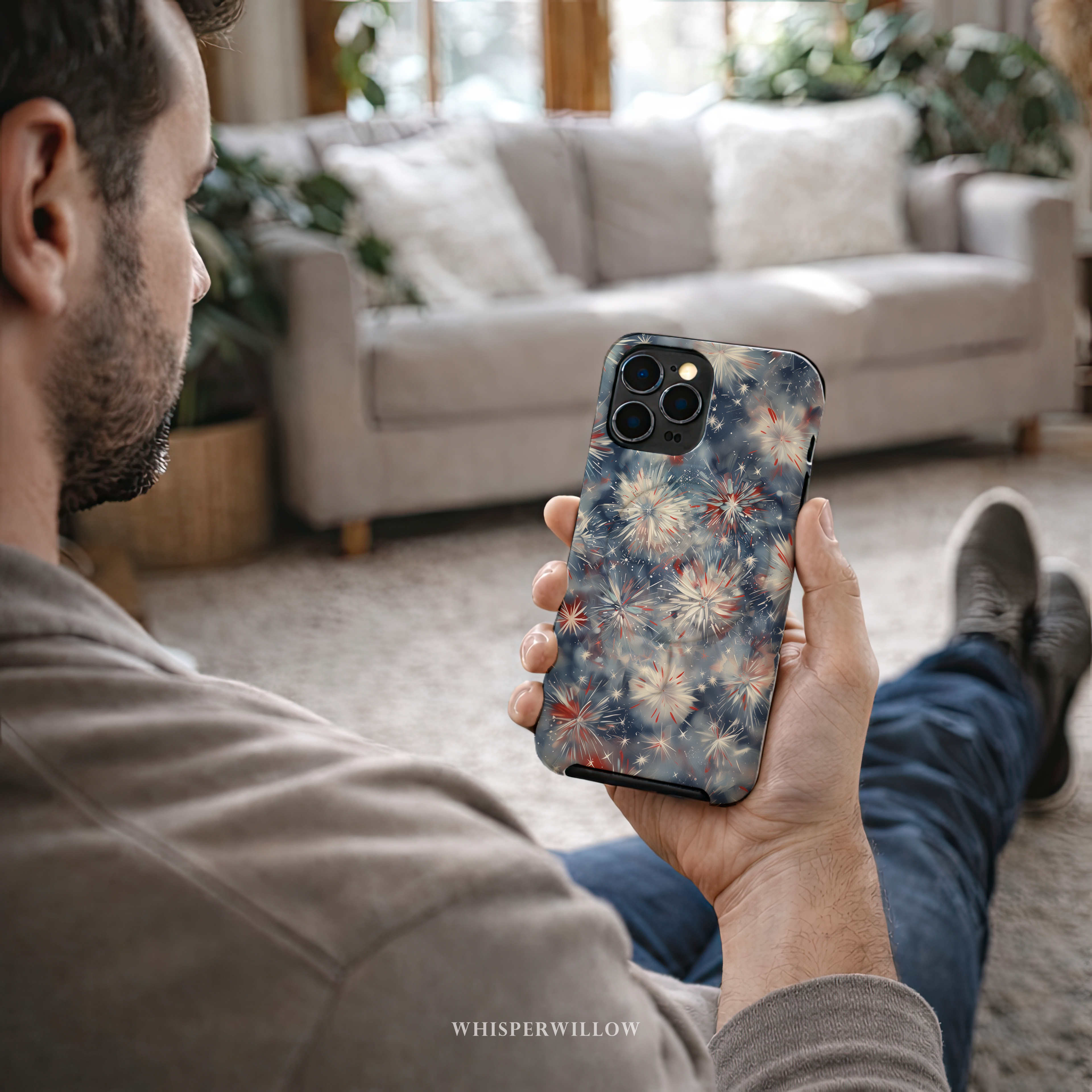 Abstract Fireworks Magnetic Case | Compatible with iPhone | Patriotic Red White Blue Starburst Cover