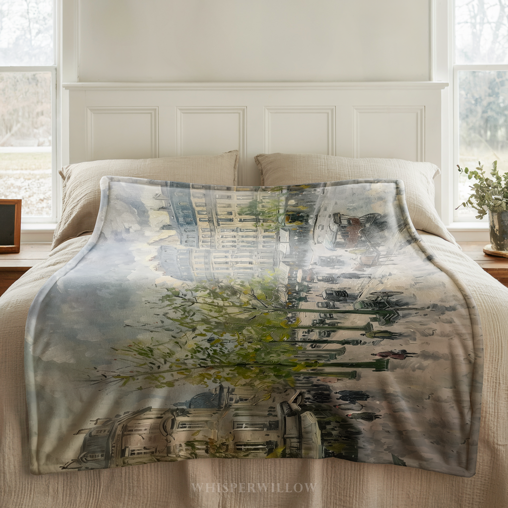 Paris Street Throw Blanket - Rainy European Boulevard Horse Carriage Gift