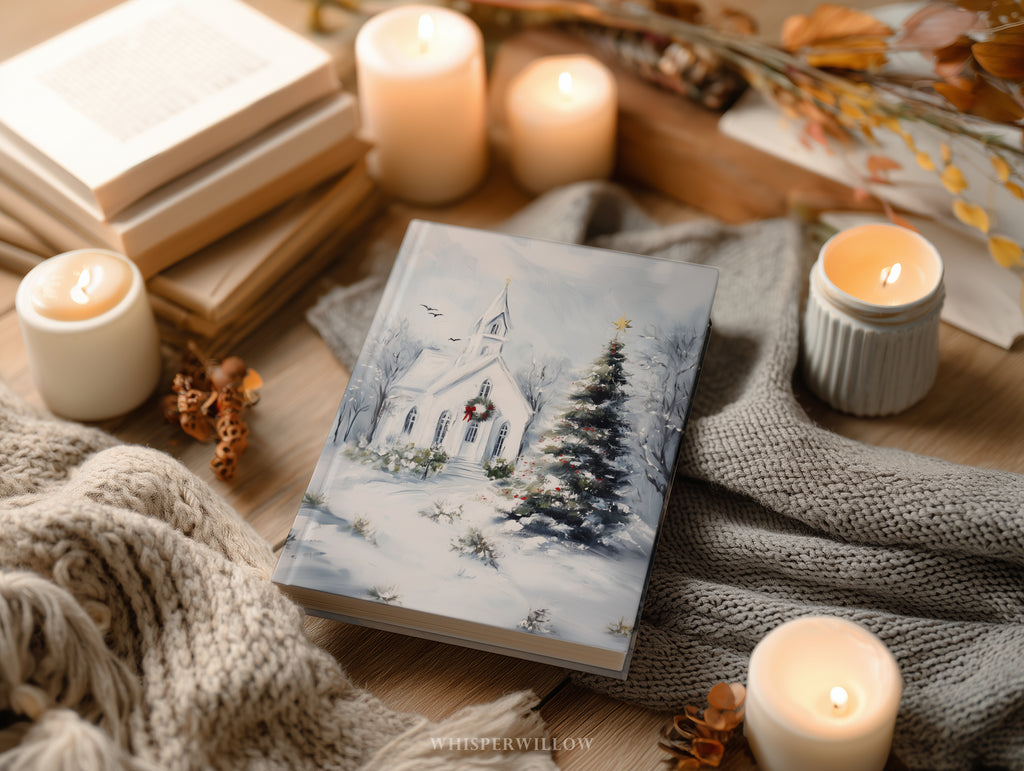 Winter Church Hardcover Journal - Christmas Tree Art, Christian Holiday, Snowy Landscape Gift