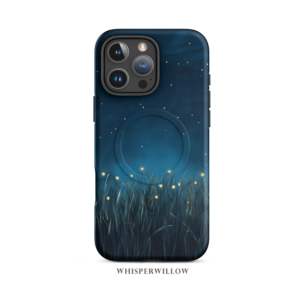 Firefly Night Sky MagSafe Case | Compatible with iPhone | Magnetic Charging | Dark Blue Stars Lightning Bugs | Protective Cover by WhisperWillow Studios