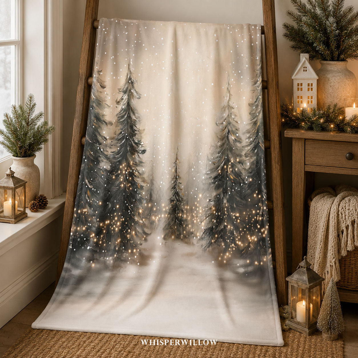 Snowy Pine Forest Throw Blanket - Winter Wonderland Lights Gift