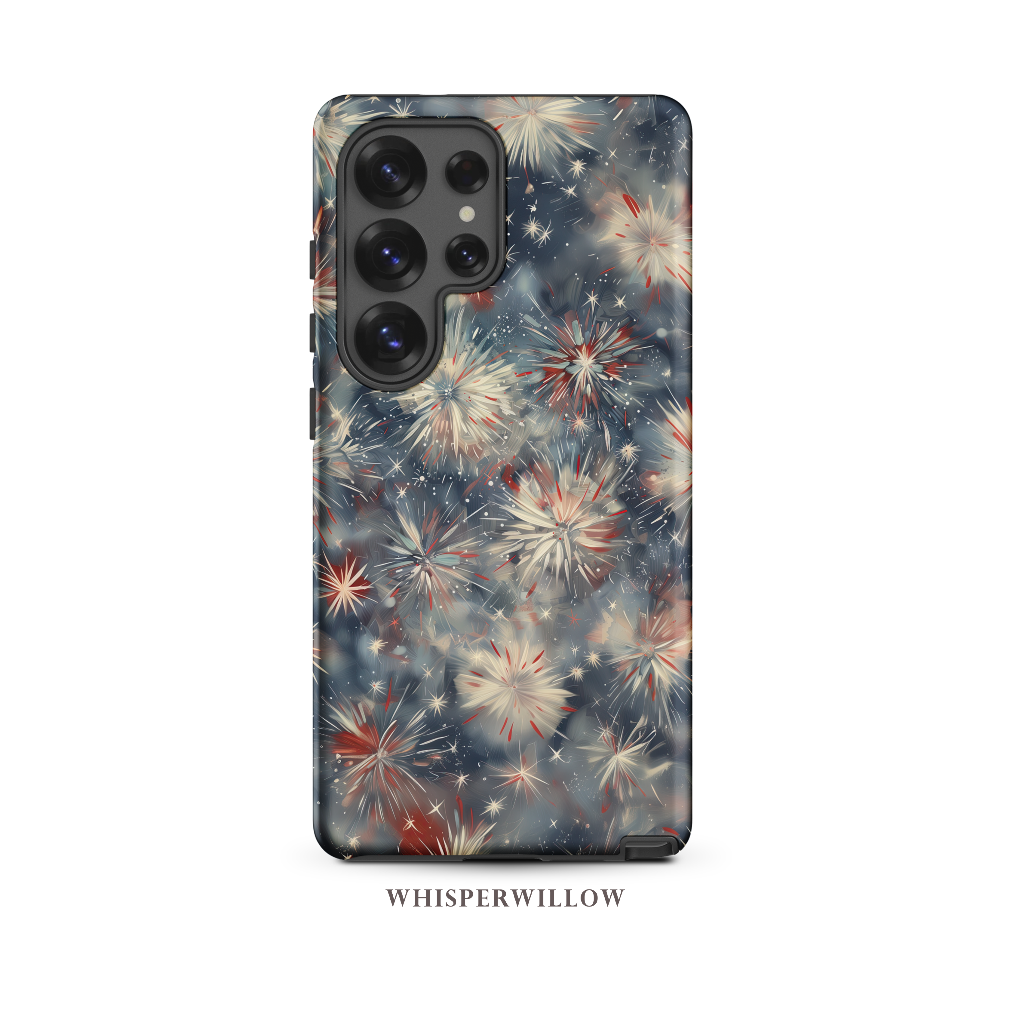 Abstract Fireworks Phone Case | Compatible with Samsung | Patriotic Red White Blue Starburst Cover Gift by WhisperWillow Studios