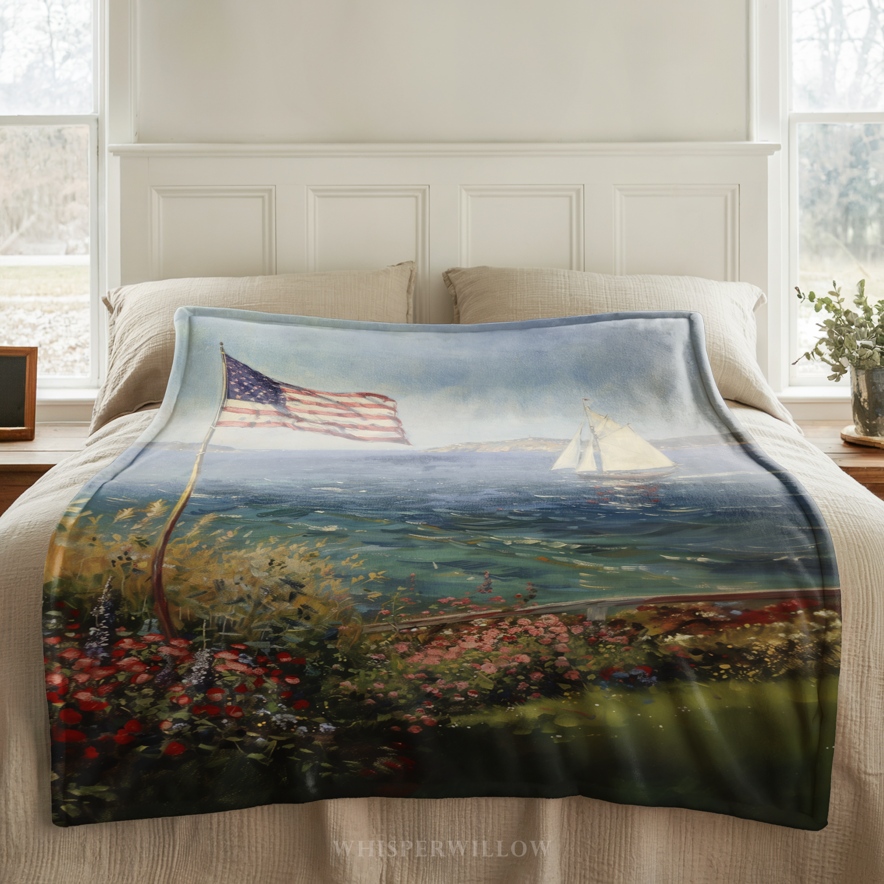 American Flag Coastal Throw Blanket - Ocean Nautical Sailboat Floral by WhisperWillow Studios Home Decor Gift