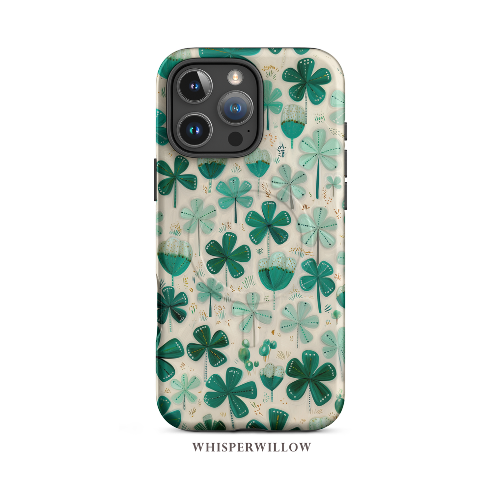 Teal Shamrock Magnetic Phone Case | Compatible with iPhone | Lucky Four Leaf Clover Cover by WhisperWillow Studios