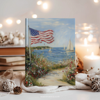 Coastal American Flag Hardcover Journal, Sailboat Wildflower Design, Independence Day Notebook, 8x5.75 Lined Pages Gift