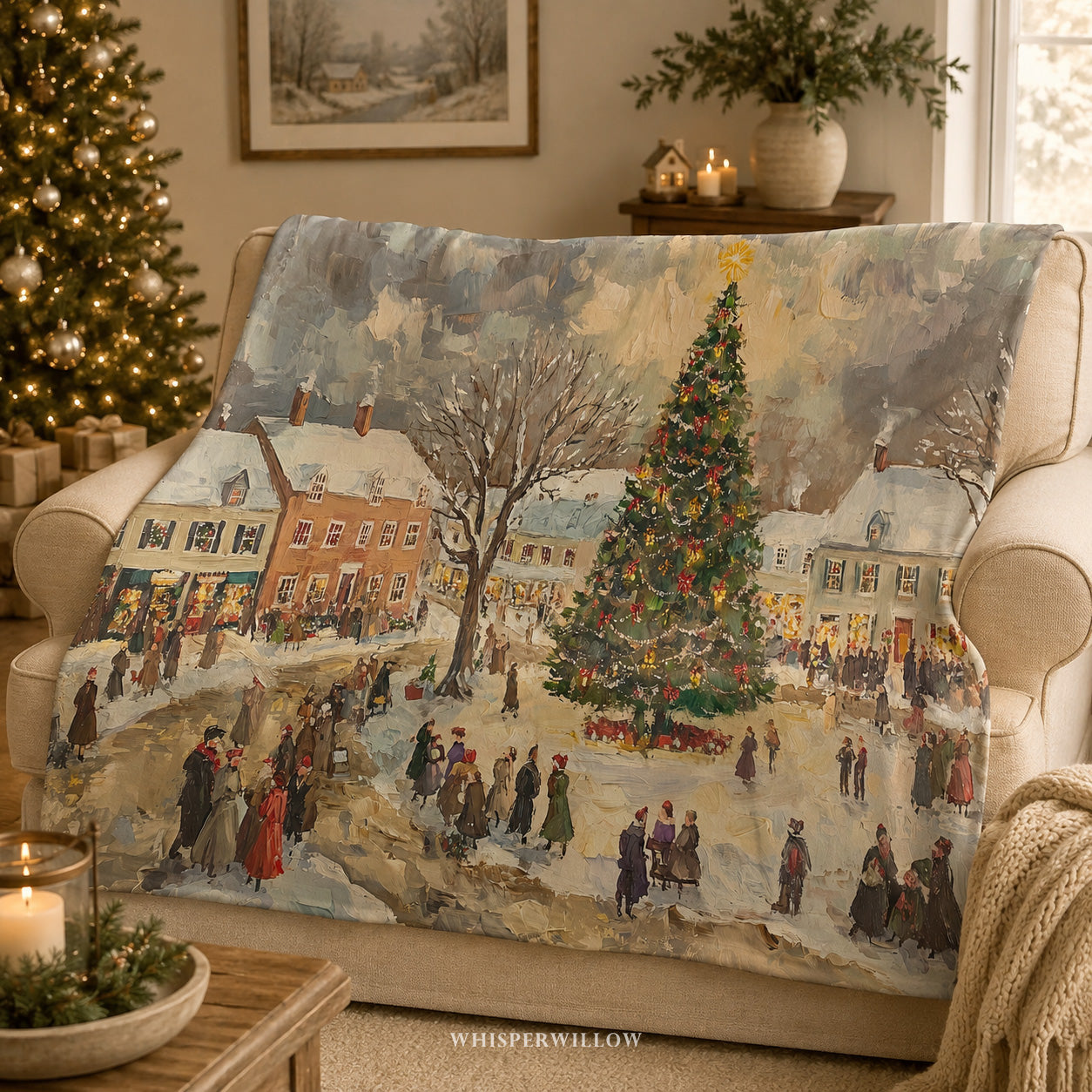 Vintage Christmas Village Throw Blanket - Winter Holiday Snowy Town Gift