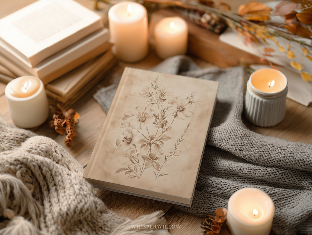 Vintage Wildblumen-Notizbuch mit Hardcover – Skizzenbuch mit floralem Muster, minimalistischem, neutralem Naturmotiv, botanisches Geschenk