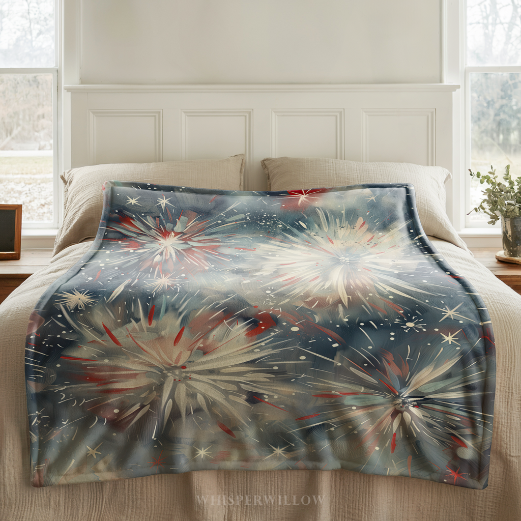 Abstract Fireworks Throw Blanket - Patriotic Red White Blue Gift