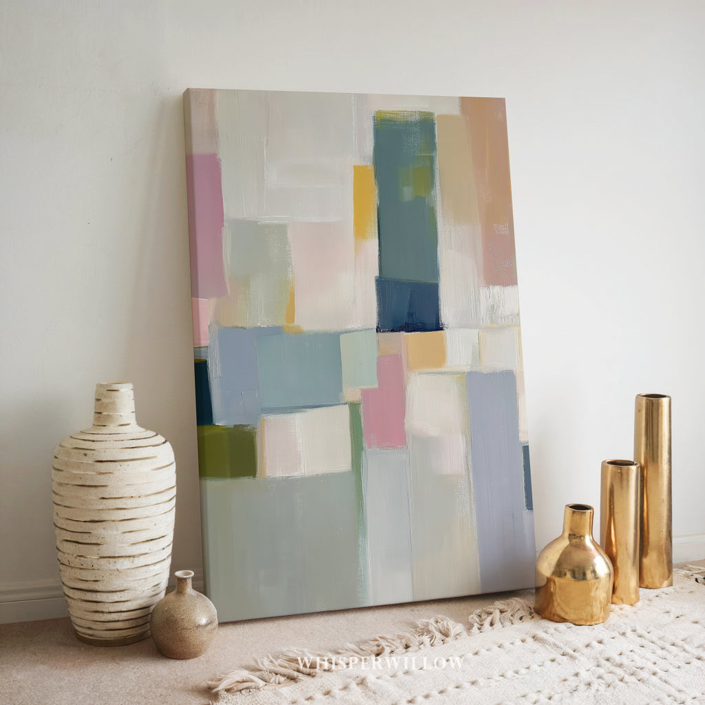 Pastellfarbenes geometrisches Leinwandbild – Abstrakter moderner minimalistischer Druck in sanften Farbblöcken