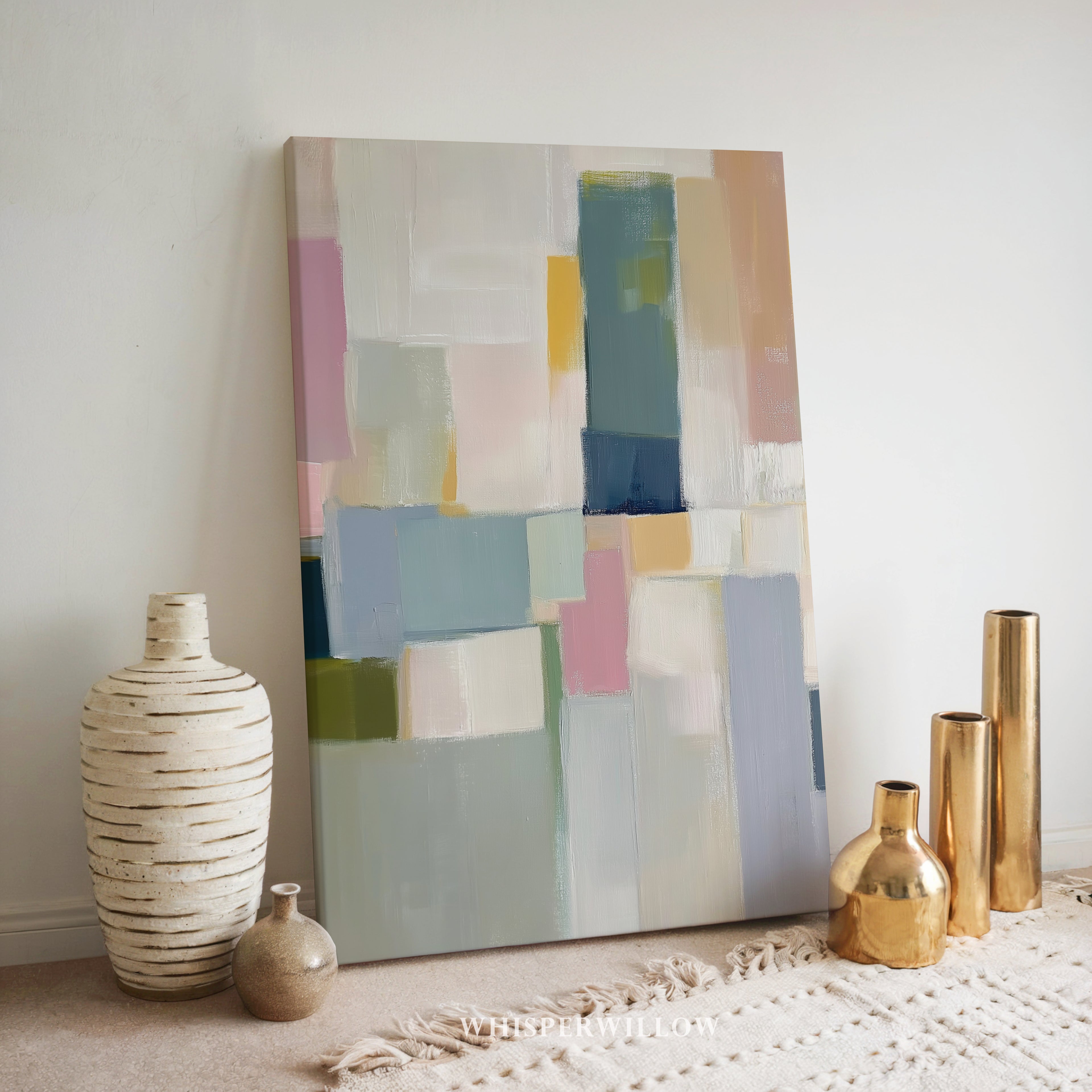 Pastellfarbenes geometrisches Leinwandbild – Abstrakter moderner minimalistischer Druck in sanften Farbblöcken