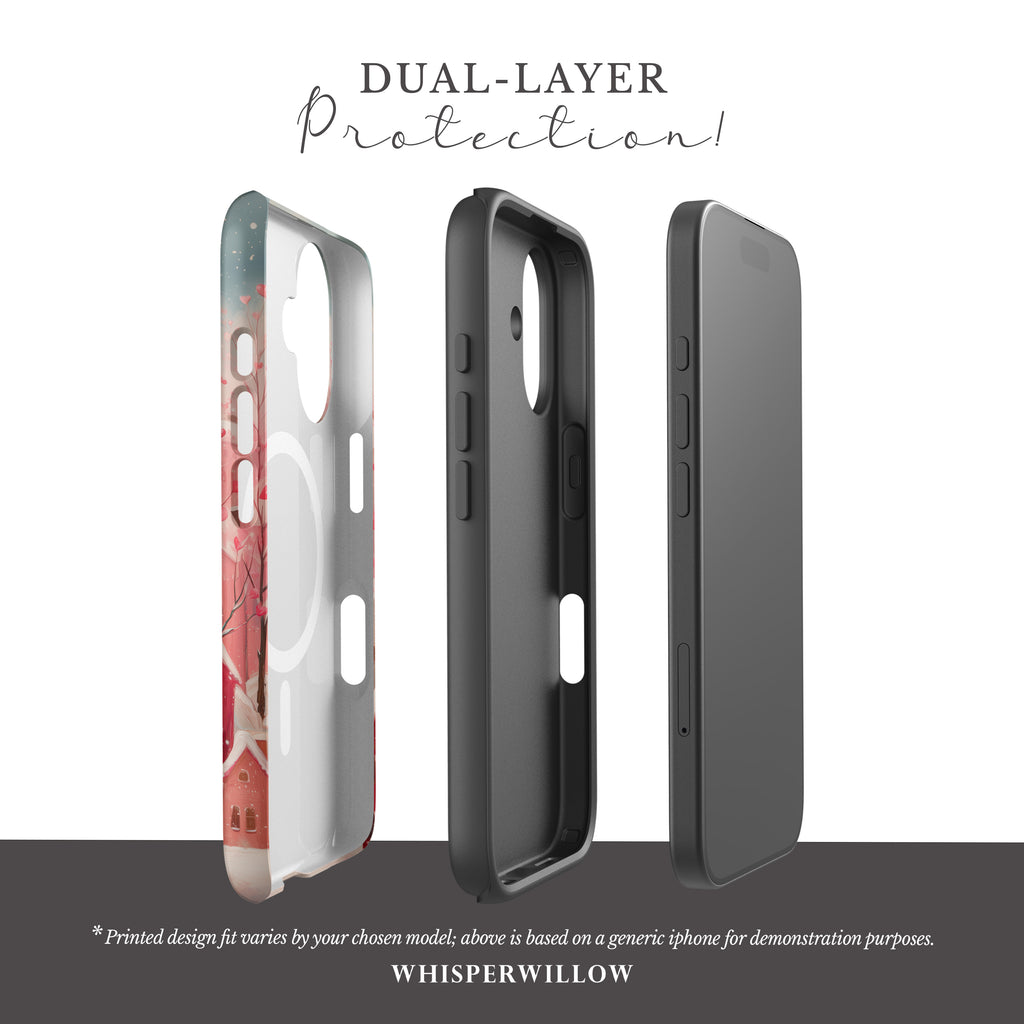 Romantic Winter Village Phone Case | Compatible with MagSafe & iPhone | Pink Heart Snow Town Aesthetic Protective Cover
