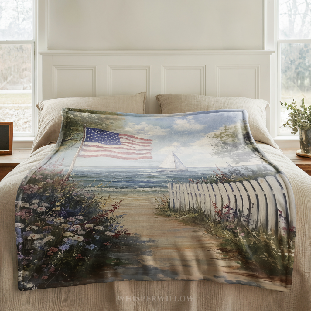 Patriotic American Flag Throw Blanket - Coastal Beach Sailboat Floral Gift