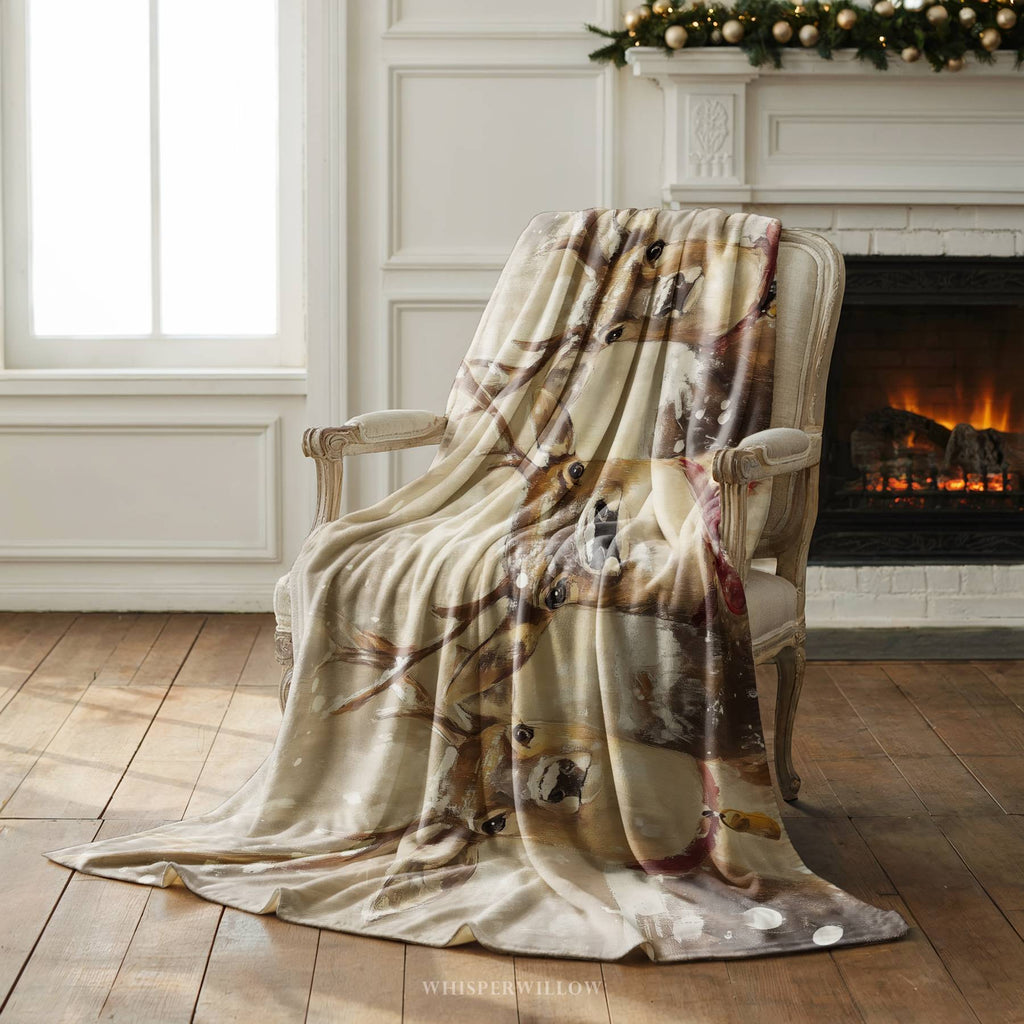 Winter Reindeer Trio Throw Blanket - Snowy Woodland Christmas Gift