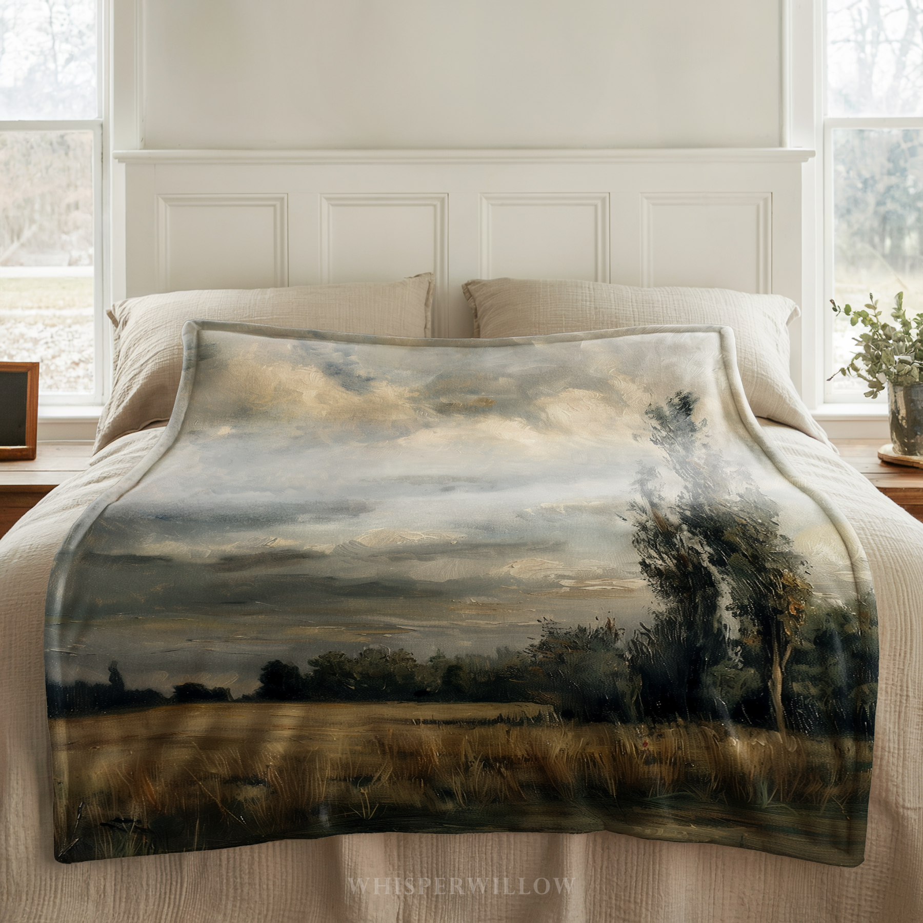 Moody Landscape Throw Blanket - Stormy Sky Meadow Tall Tree Gift