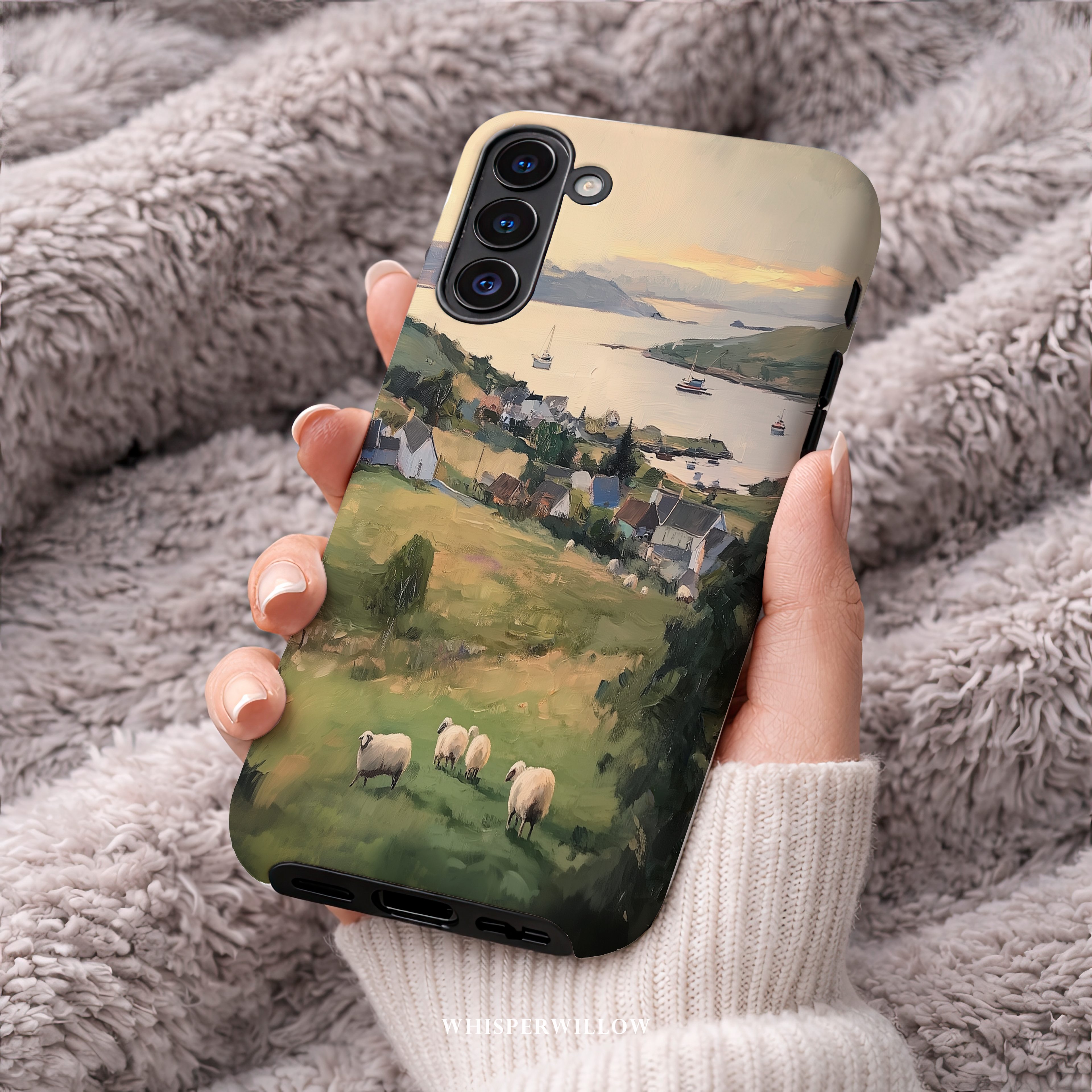 Coastal Sheep Meadow Phone Case | Samsung Compatible | Irish Harbor Village Scenic Cover