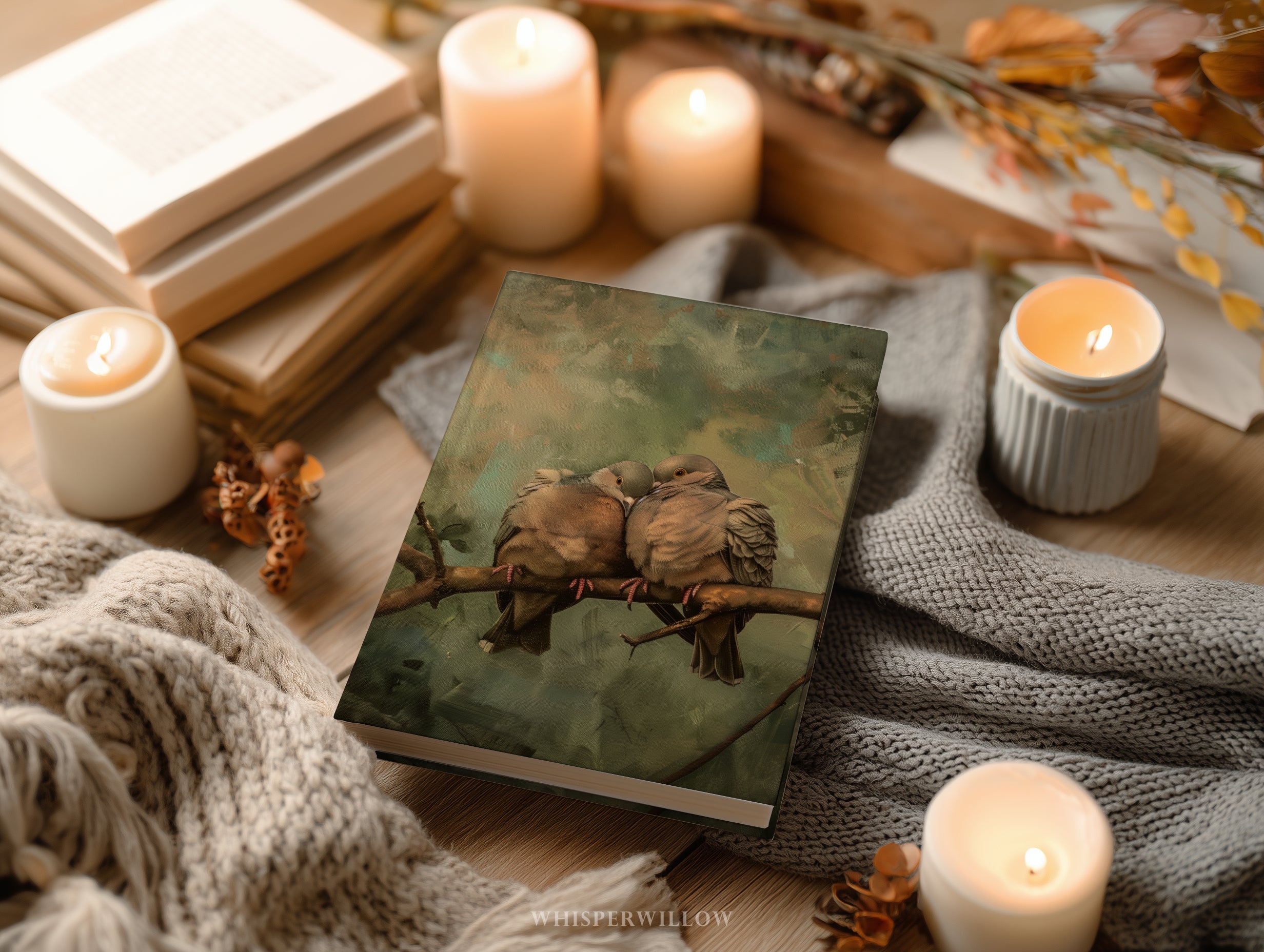 Carnet à couverture rigide « Colombes en deuil » - Illustration romantique de forêt, cadeau idéal pour les amoureux des oiseaux