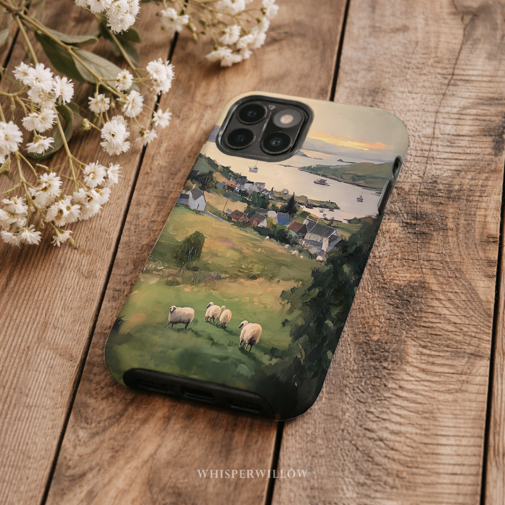 Coastal Sheep Meadow Phone Case | iPhone Compatible | Irish Harbor Village Scenic Cover