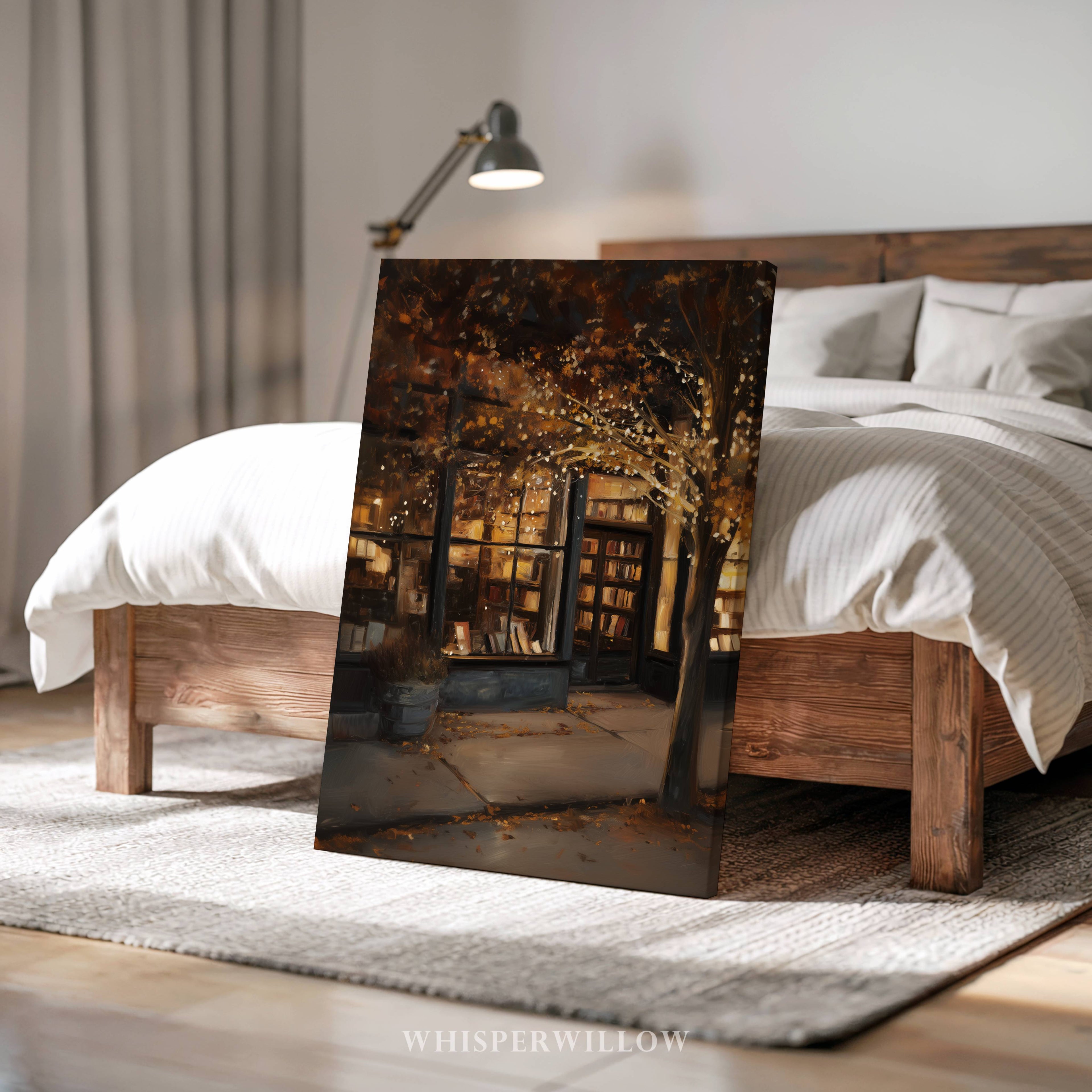 Gemütliches Buchladen-Leinwandbild – Romantischer Cottagecore-Herbstweihnachtsbaum