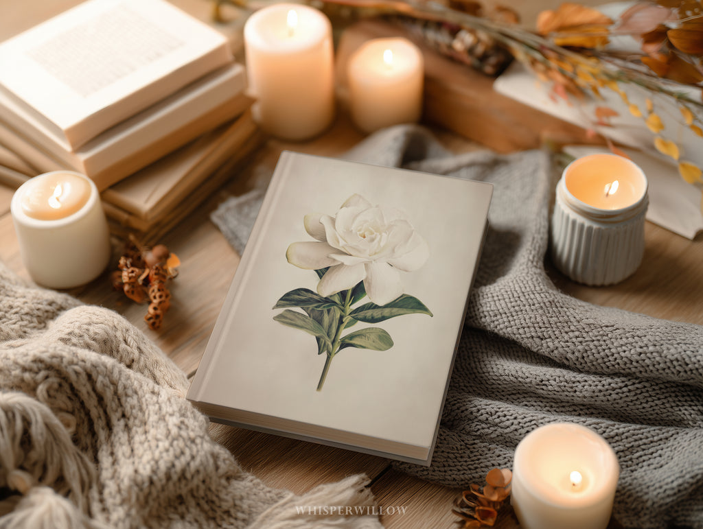 Carnet à couverture rigide White Gardenia - Décor floral élégant, carnet botanique minimaliste