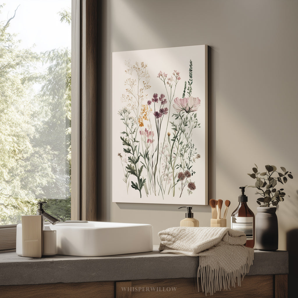 Wildflower Meadow Canvas Wall Art | Neutral Botanical Floral Illustration | Cottagecore Vintage Nature Decor | Minimalist Bedroom Artwork