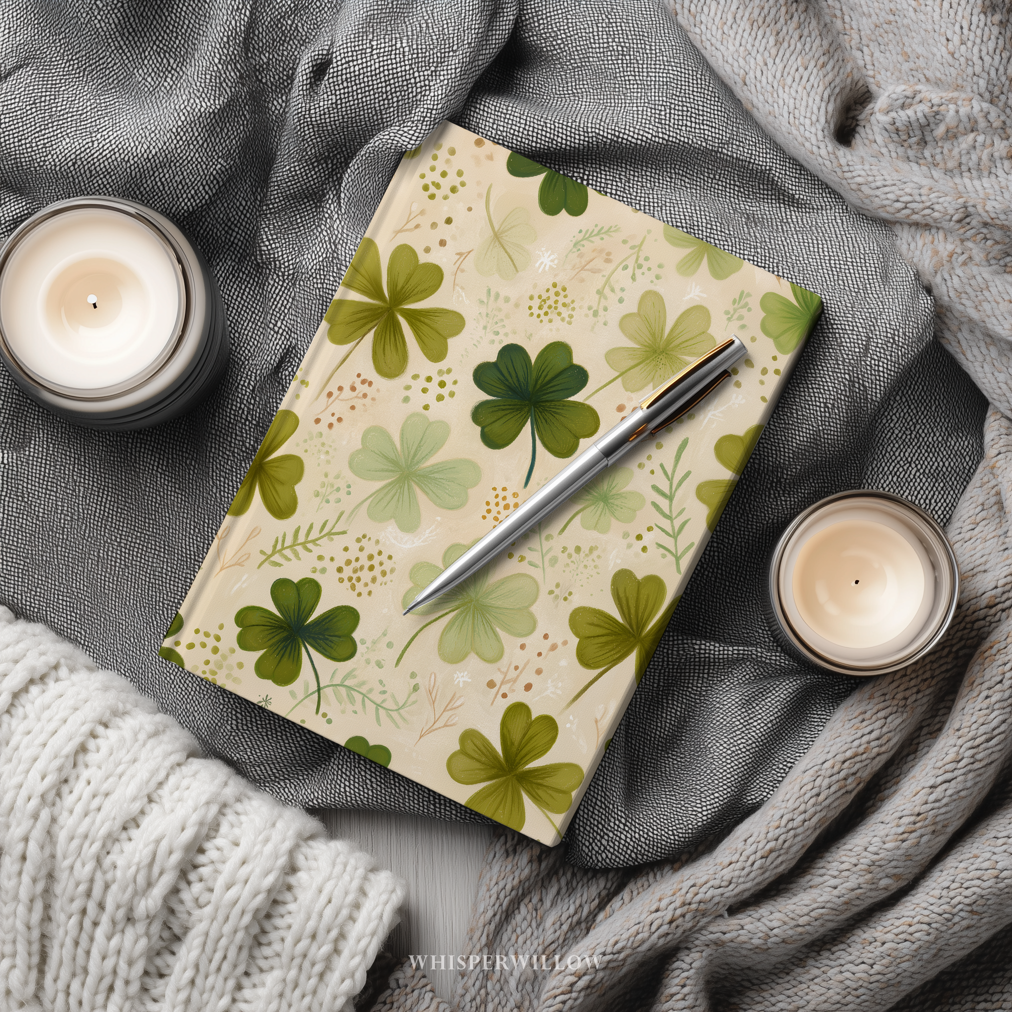 St Patrick Shamrock Hardcover Journal, Floral Clover Premium Notebook, Green Botanical Design, 8x5.75 Lined Pages Gift