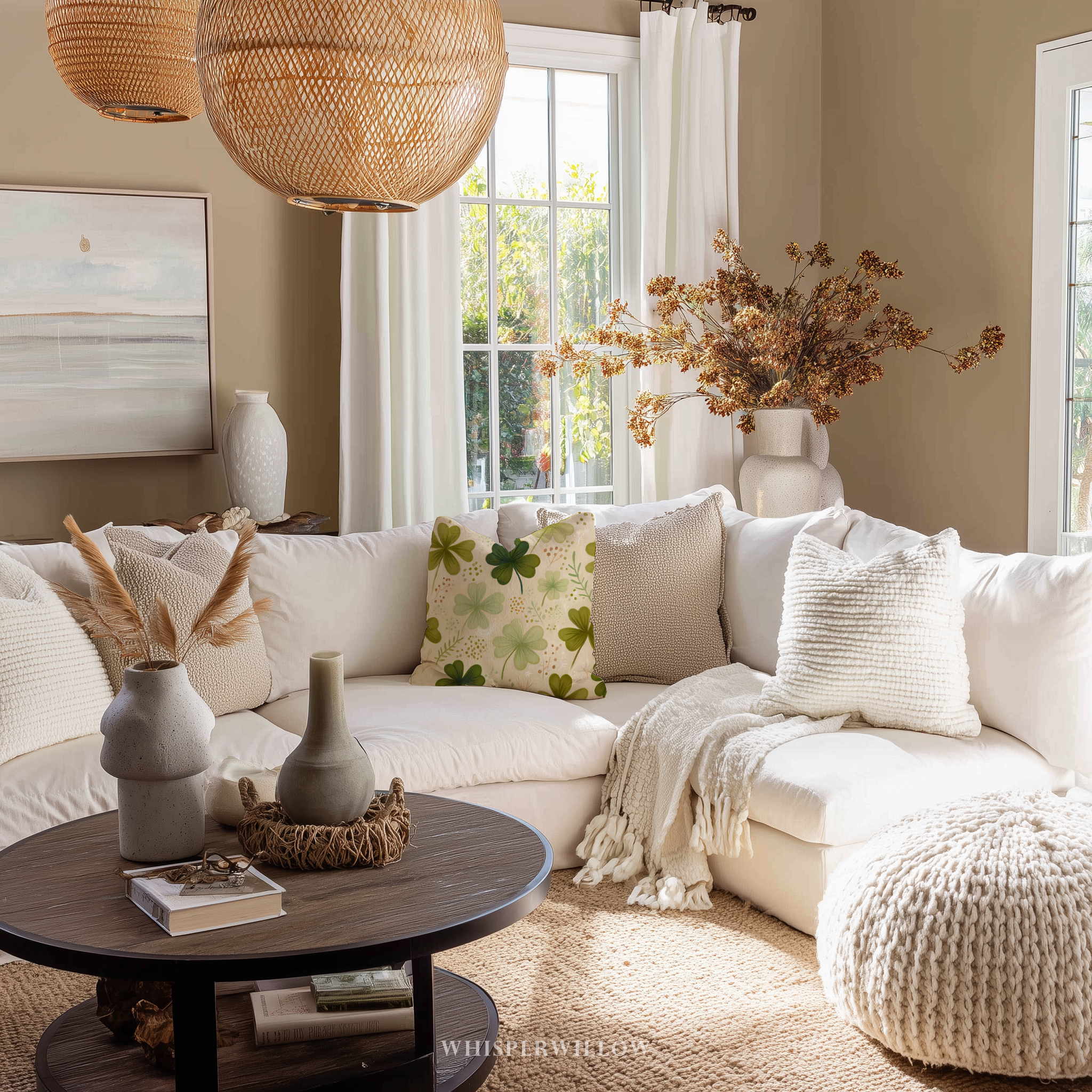 St Patrick Clover Throw Pillow, Green Shamrock Floral Botanical Design, Spring Cottage Decor Cushion, Gift for Kids and Adults