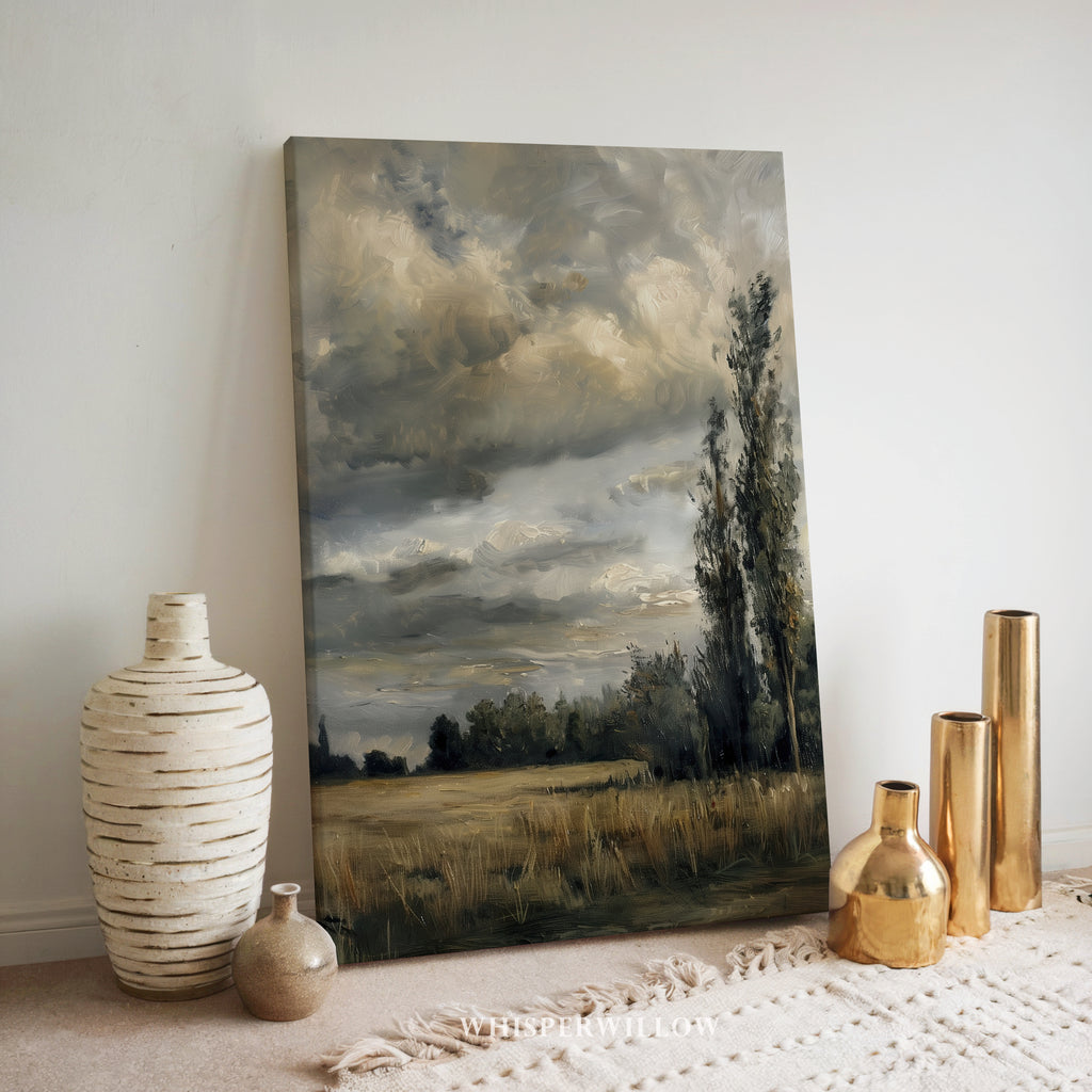 Leinwandbild „Stürmische Landschaft“ – Stimmungsvoller, bewölkter Himmel, Vintage-Landsonnenuntergang